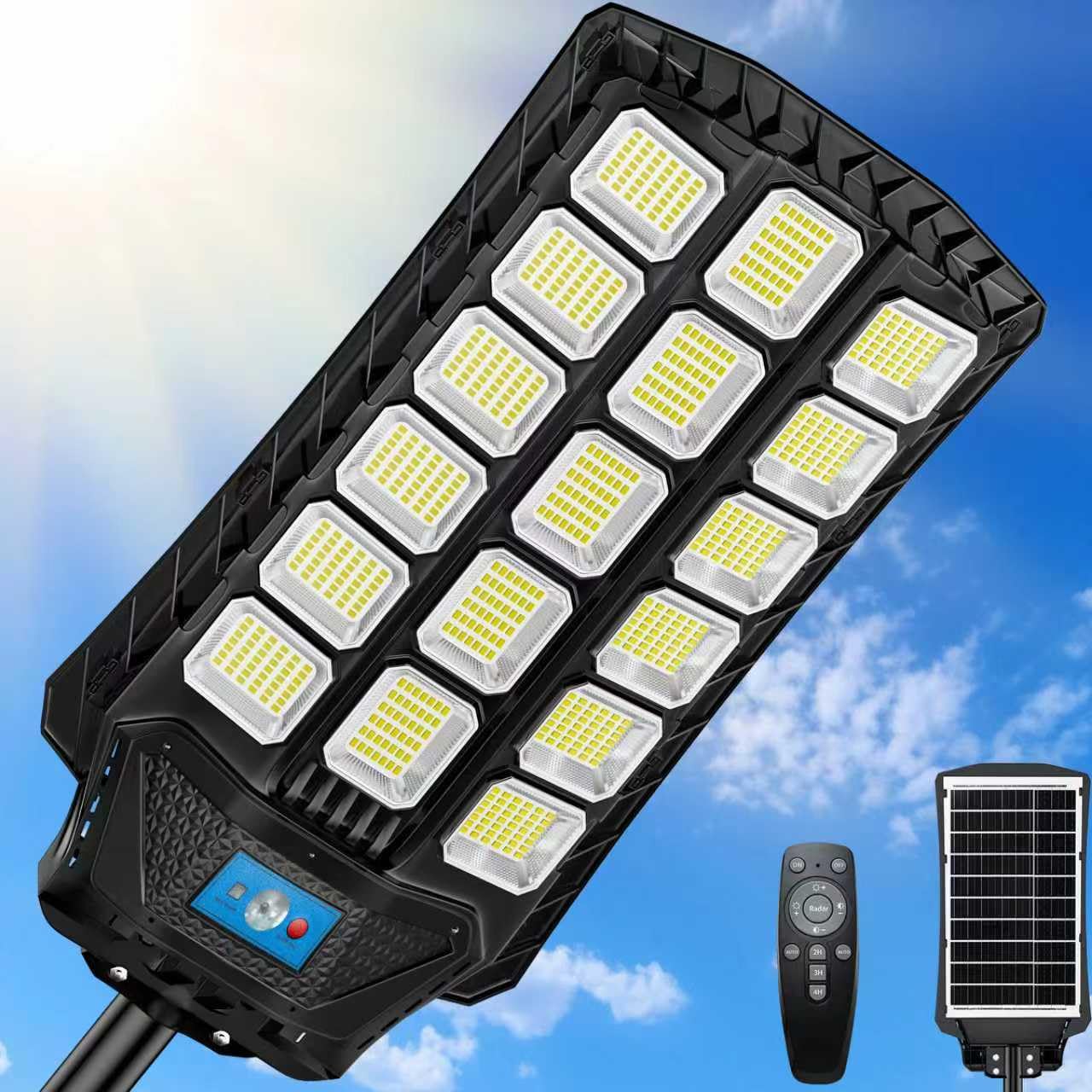 ZIZIWIN Solar Street Lights 14000W LED Flood Light, Waterproof, Motion Sensor, Wall/Pole Mounted, Black, Model ZZSSL-LED
