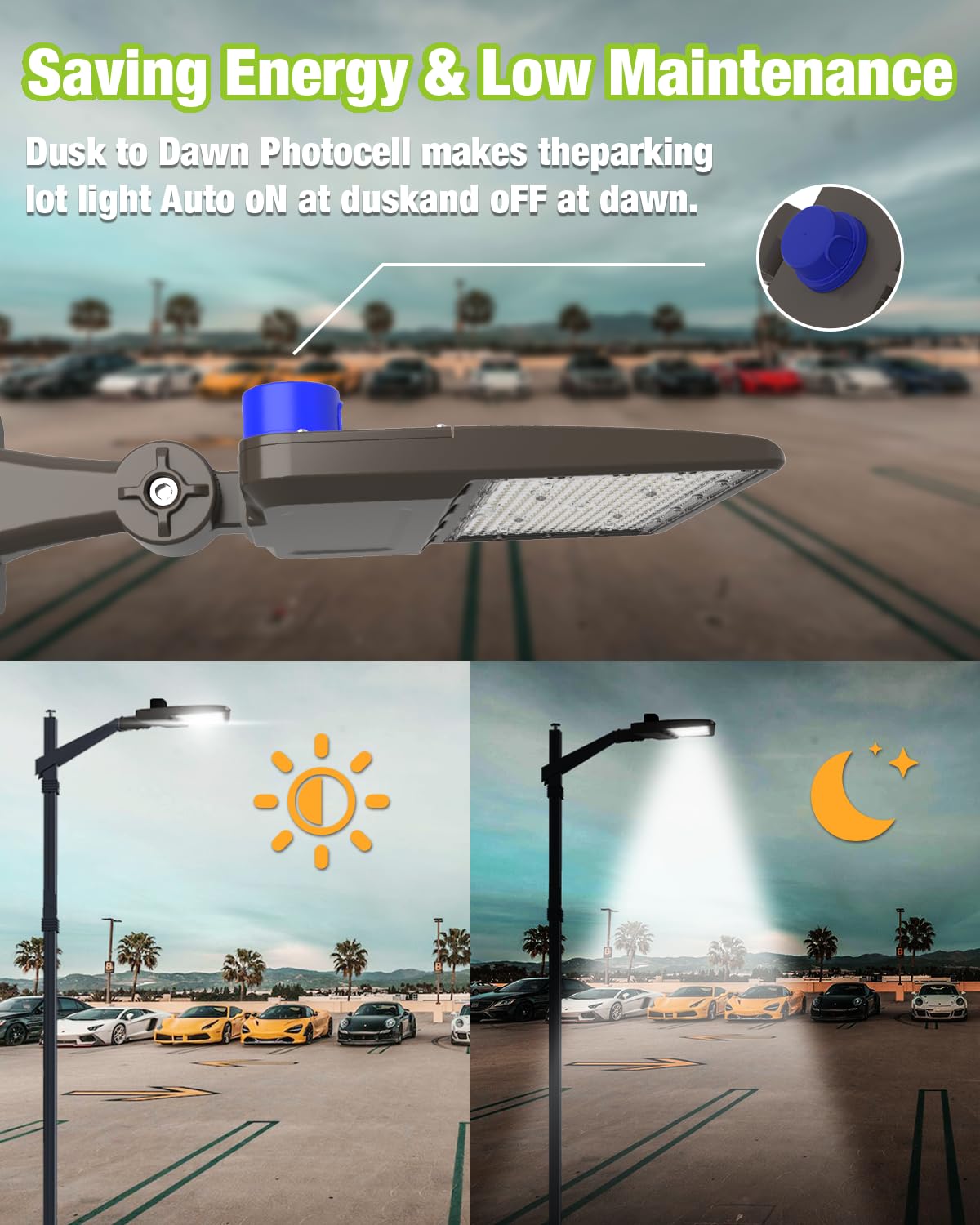 Yxl Led Parking Lot Shoebox Light With Dusk To Dawn Photocell, 21000Lm 5000K Daylight Arm Mount, Ip65 Waterproof Area Light For