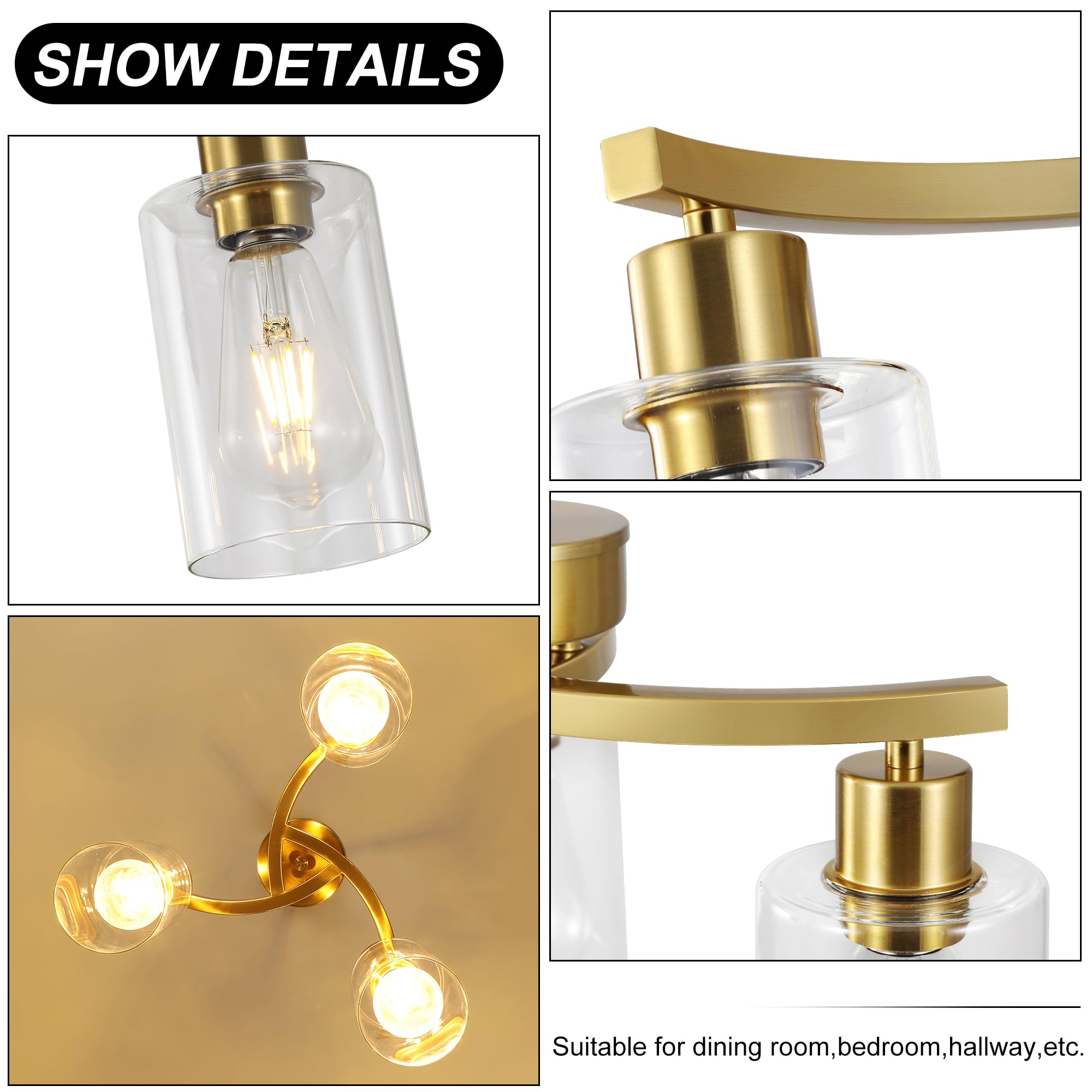 Cnratye 3-Light Gold Dining Room Chandeliers Over Table  Contemporary Kitchen Island Pendant Lighting  Industrial Hanging Light Fixture For Entryway Hallway Foyer Bedroom  Clear Glass Shade