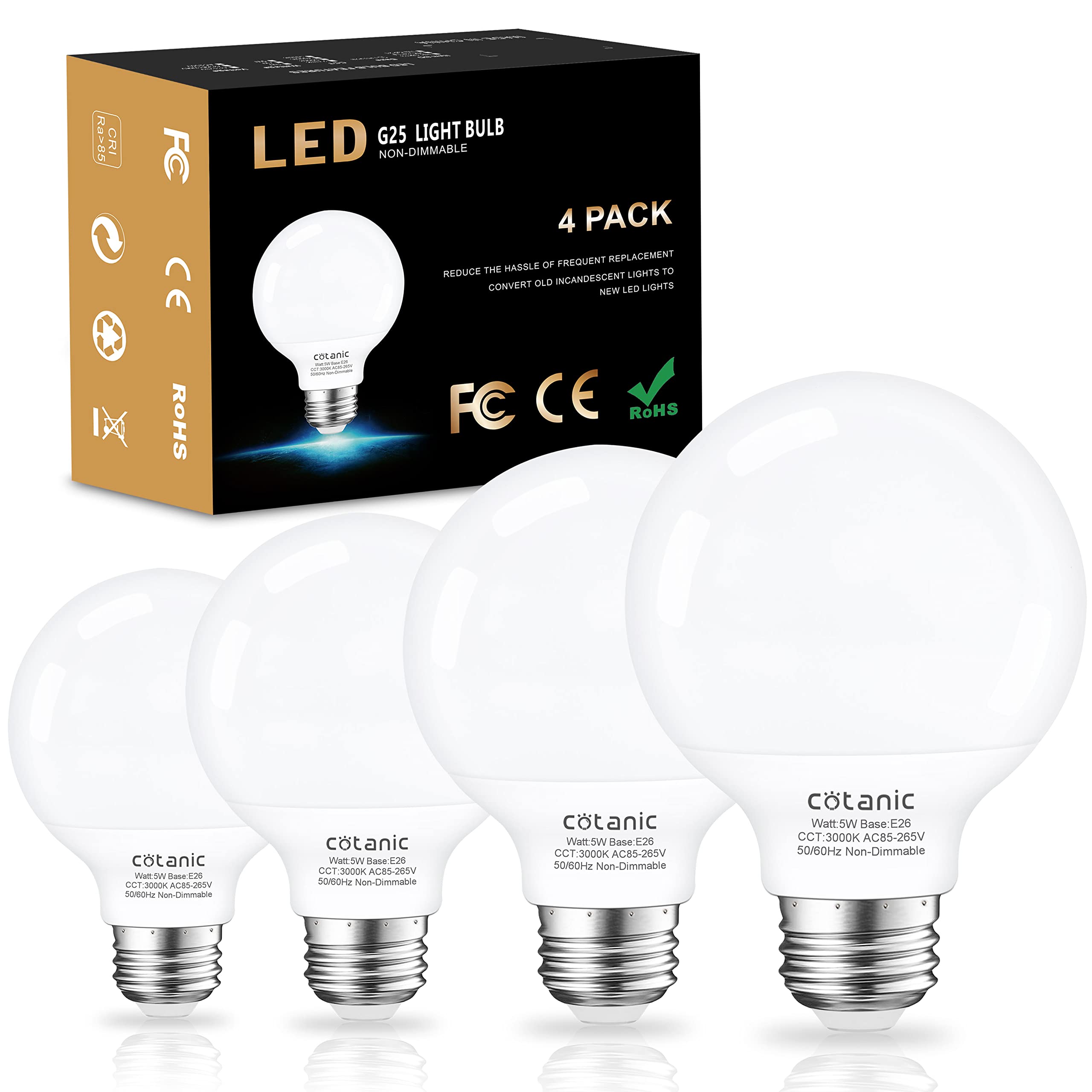 Cotanic Bathroom G25 Led Vanity Light Bulb 3000K Soft White, Globe Light Bulbs, E26 Standard Base, 5W, 60 Watt Equivalent Incand