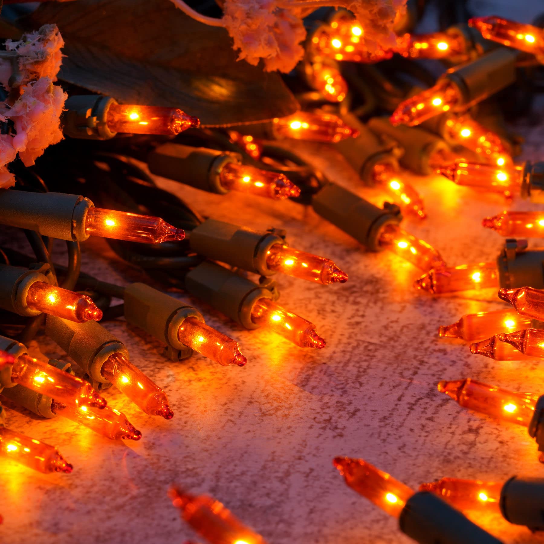 YULETIME Orange Christmas Lights, 66ft 200 Count, UL Certified, Amber Incandescent Mini Light Set, Green Wire, Pack of 2 Sets