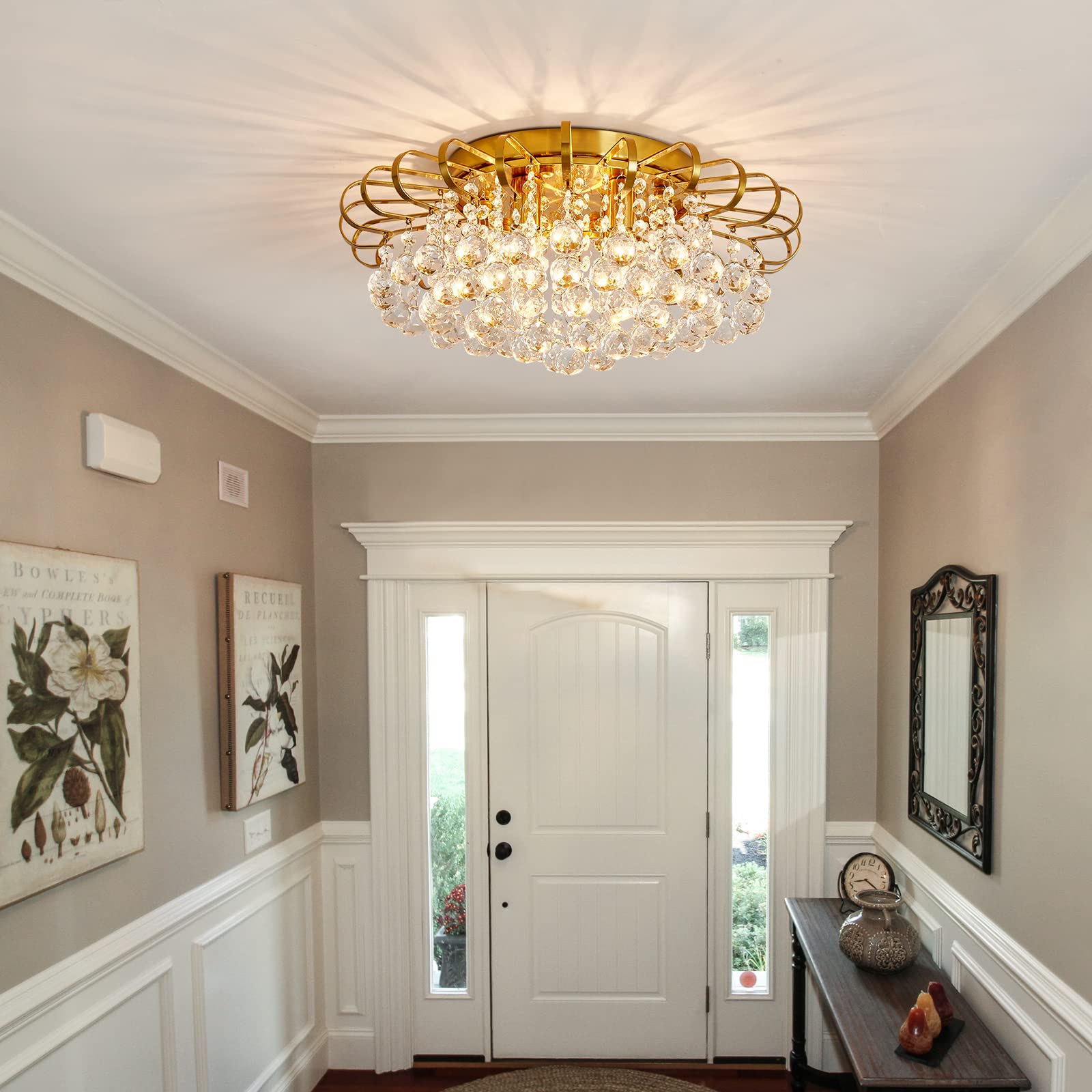 CVKASH 4-Lights Crystal Chandelier, Modern Semi Flush Mount Ceiling Light, 17.7 Inch, Gold Finish for Living Room, Hallway, Dining Room