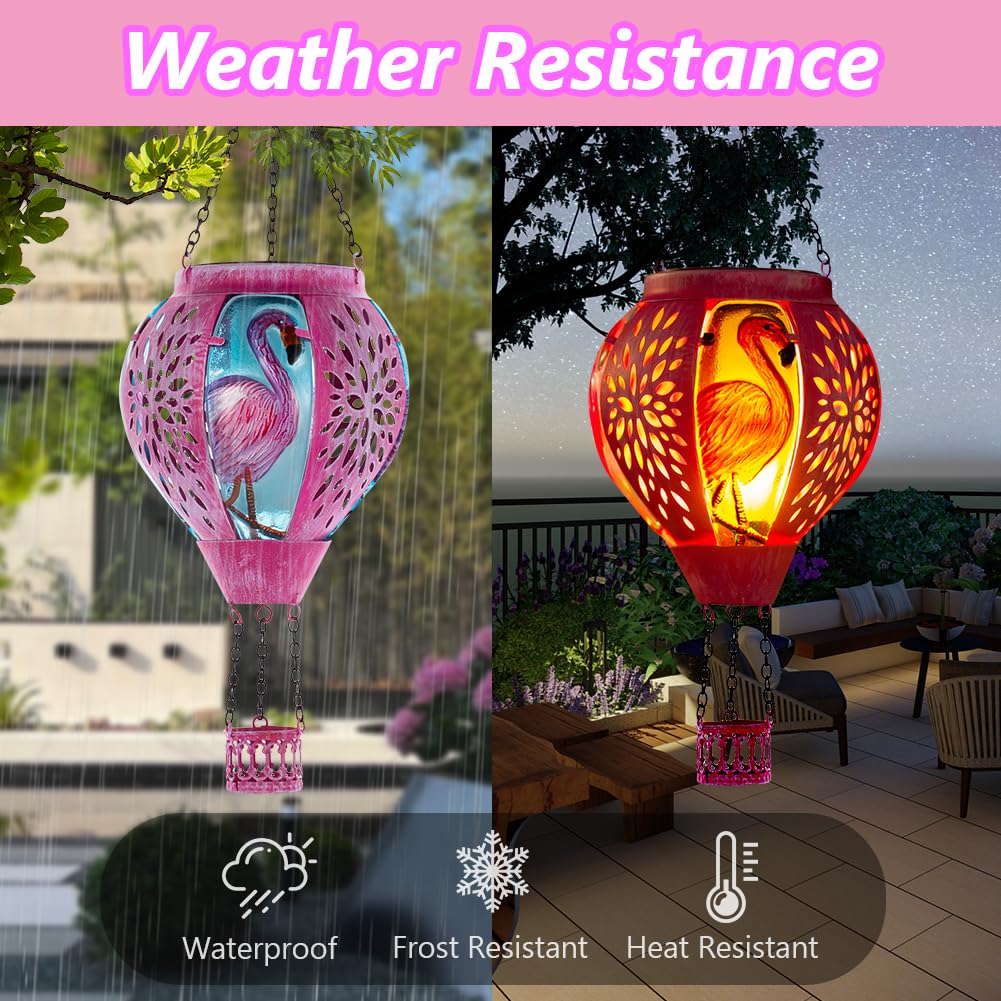 Starsoul Pink Hot Air Balloon Solar Lantern Flamingo Metal & Glass Solar Hot Air Balloon Hanging Garden Light Waterproof Outdoor