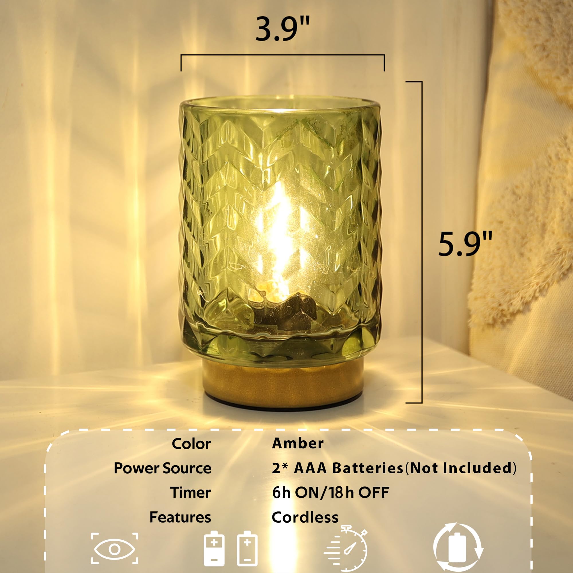 LUSHARBOR Battery Operated Glass Lamp with Timer, Small Wave-Green Accent Table Light for Living Room and Entryway Decor