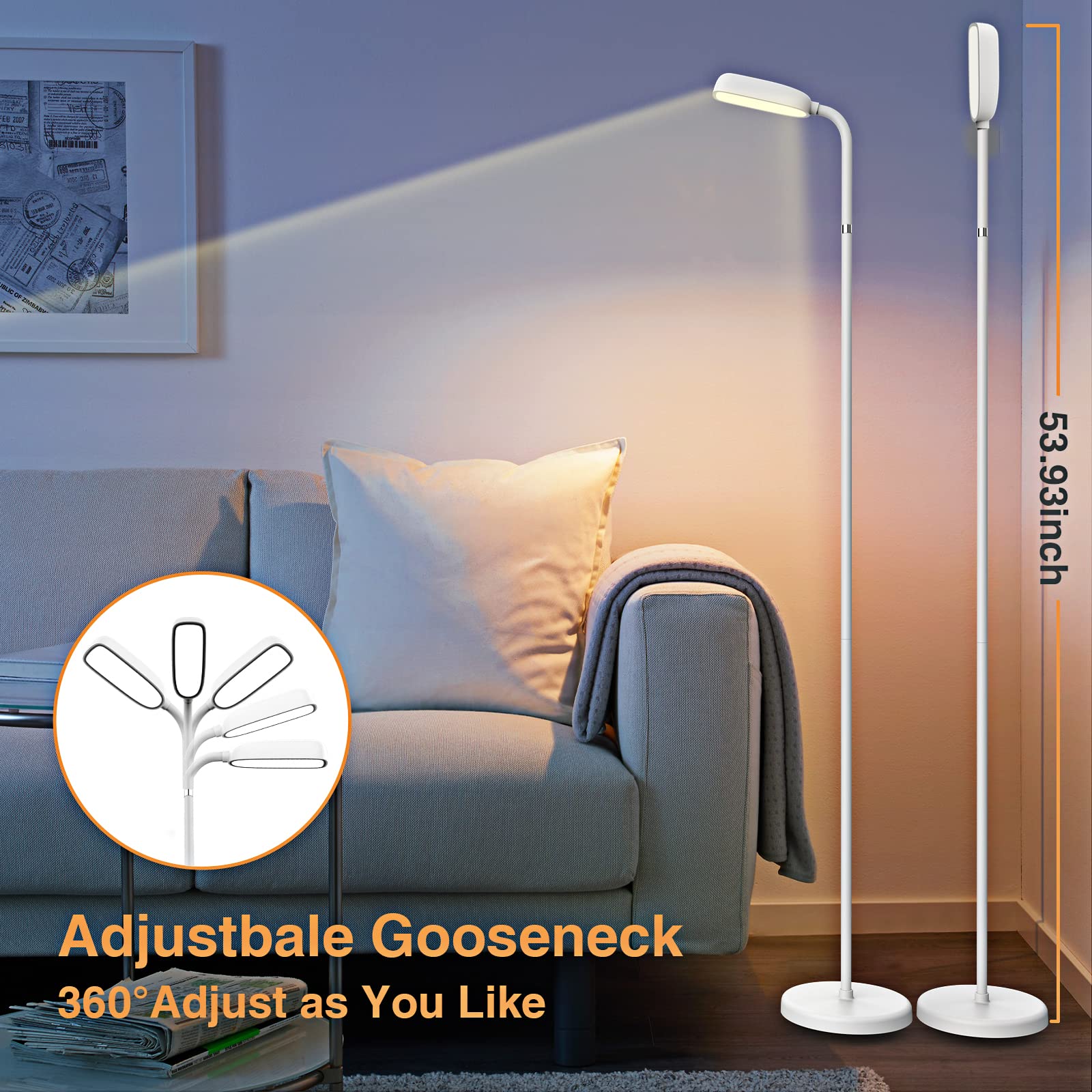 YUWLDD Cordless Floor Lamp, 5000mAh Rechargeable, Touch Control, Gooseneck, 3 Color Temperatures, White, Model LD202