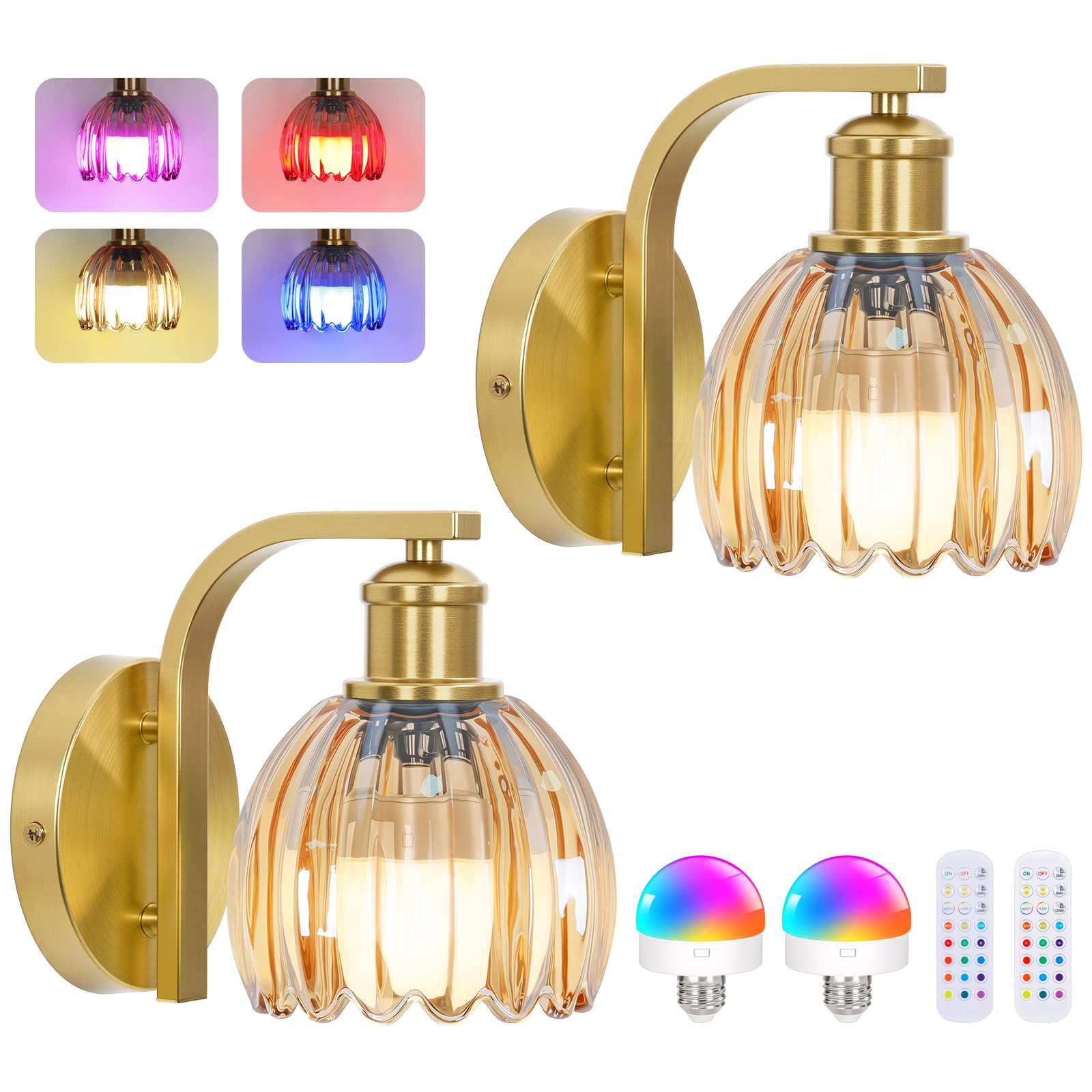 VerRon Rechargeable Wall Sconce Set of Two, Amber Glass, Wireless with Remote Control, 15 Colors, Metal, 2-Pack, Model B05092P(2PK)