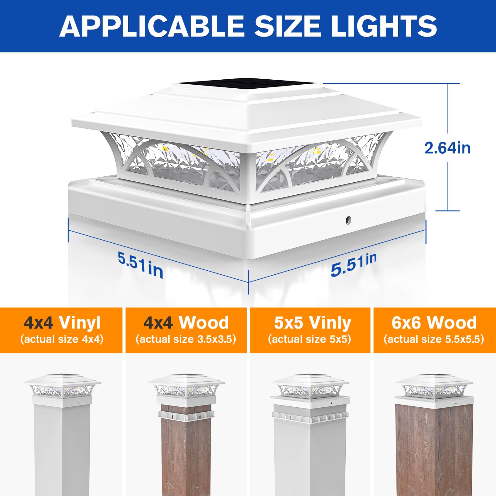 APONUO Solar Post Cap Lights 6 Pack, IP65 Waterproof, Auto On/Off, 2-Mode for 4x4 6x6 Posts, White, Model TZ21