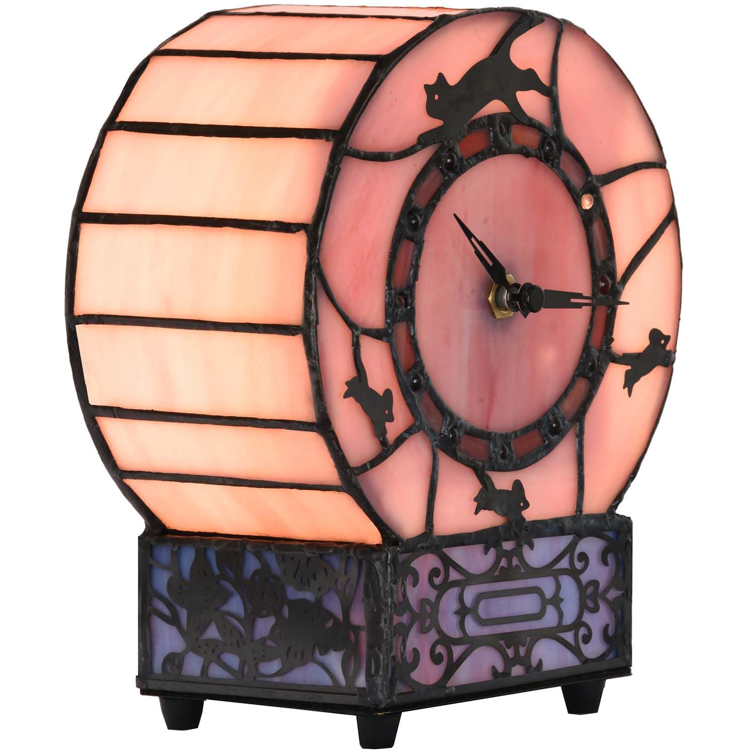 Bieye L10911 Cat and Mouse Tiffany Style Stained Glass Desk Clock Table Lamp for Home Decor (Pink)