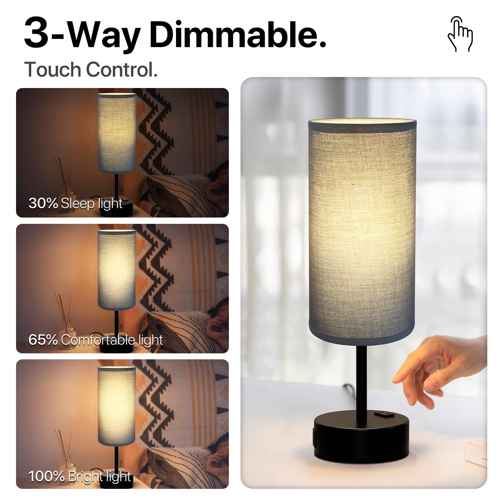KPQ Touch Control Table Lamp with USB Ports & AC Outlet, 14in Small Size, Grey Shade-Black Base, 3-Way Dimmable Nightstand Lamp