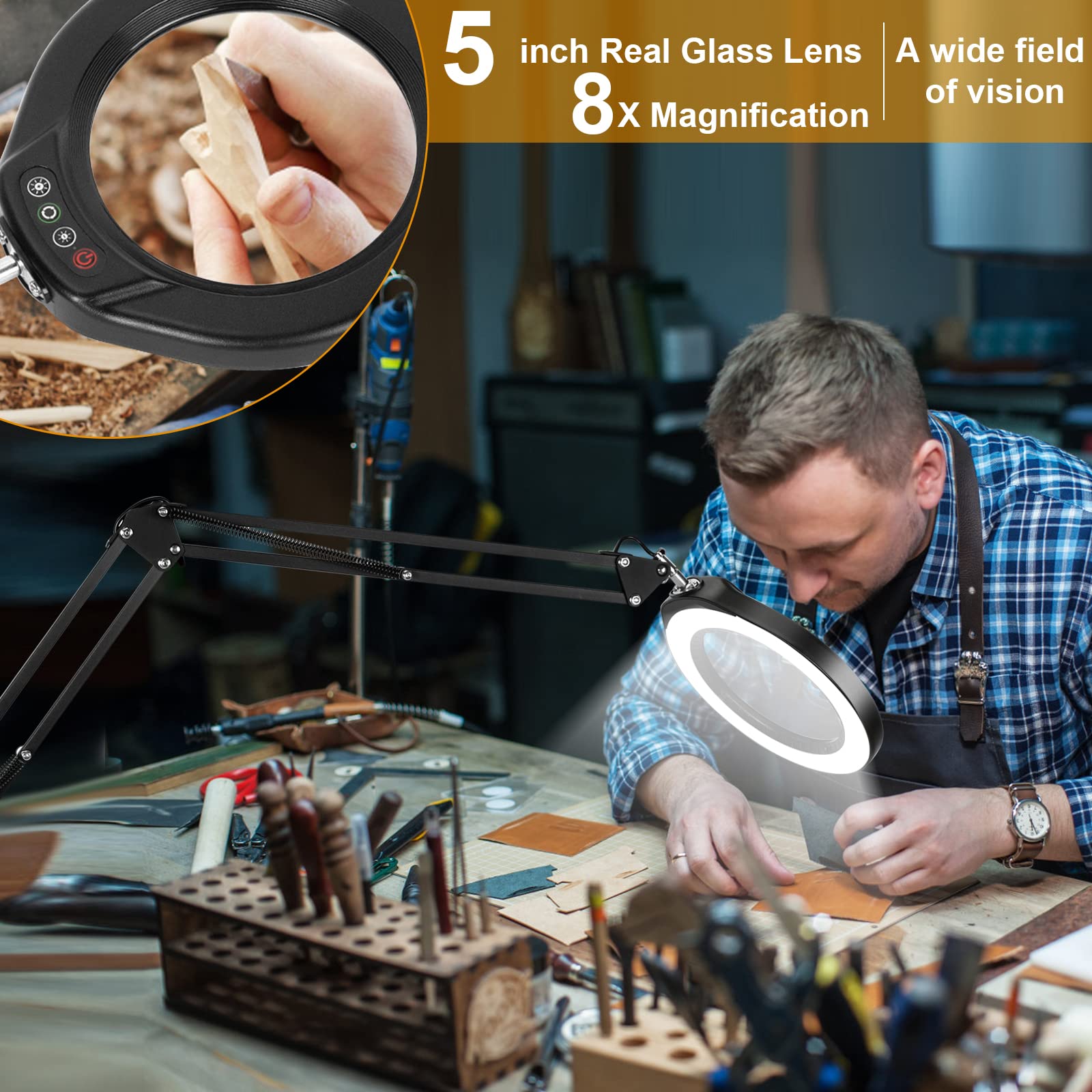 Veemagni 5 Magnifying Glass With Light, 8X Magnifier, Black, Led Clamp Desk Lamp, 5 Color Modes, 2*16 Swivel Arm, Model