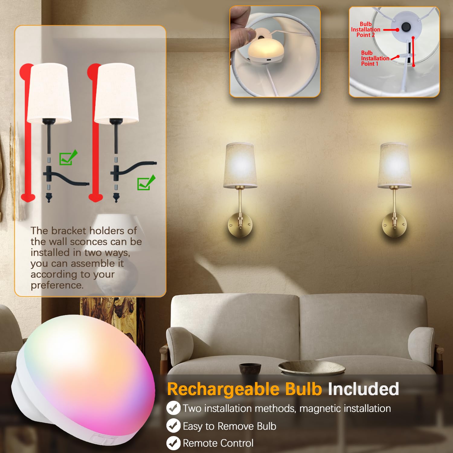 Troconce Battery Operated Wall Sconces Set Of 2, Gold Rechargeable Wall Lights With 15 Rgb Dimmable Detachable Bulbs And Remote,