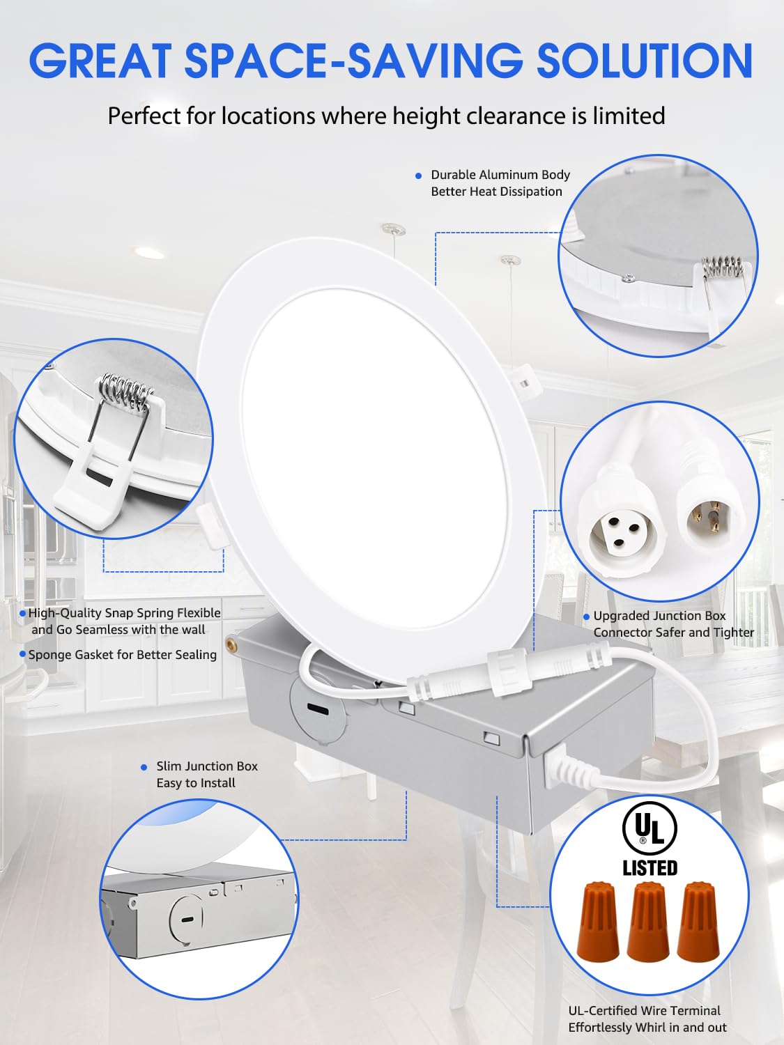 E Energetic Lighting 12 Pack 6 Inch Ultra-Thin Led Recessed Ceiling Light With Junction Box, Daylight 5000K, 1050Lm Brightness,