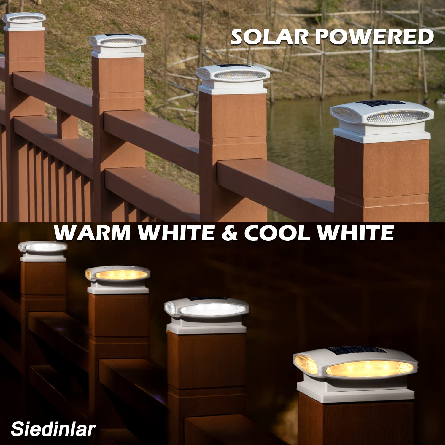 SIEDiNLAR Solar Post Cap Lights - 24 LED, 2 Modes, Warm & Cool White, 6 Pack, Fits 4x4 to 6x6 Posts, White,