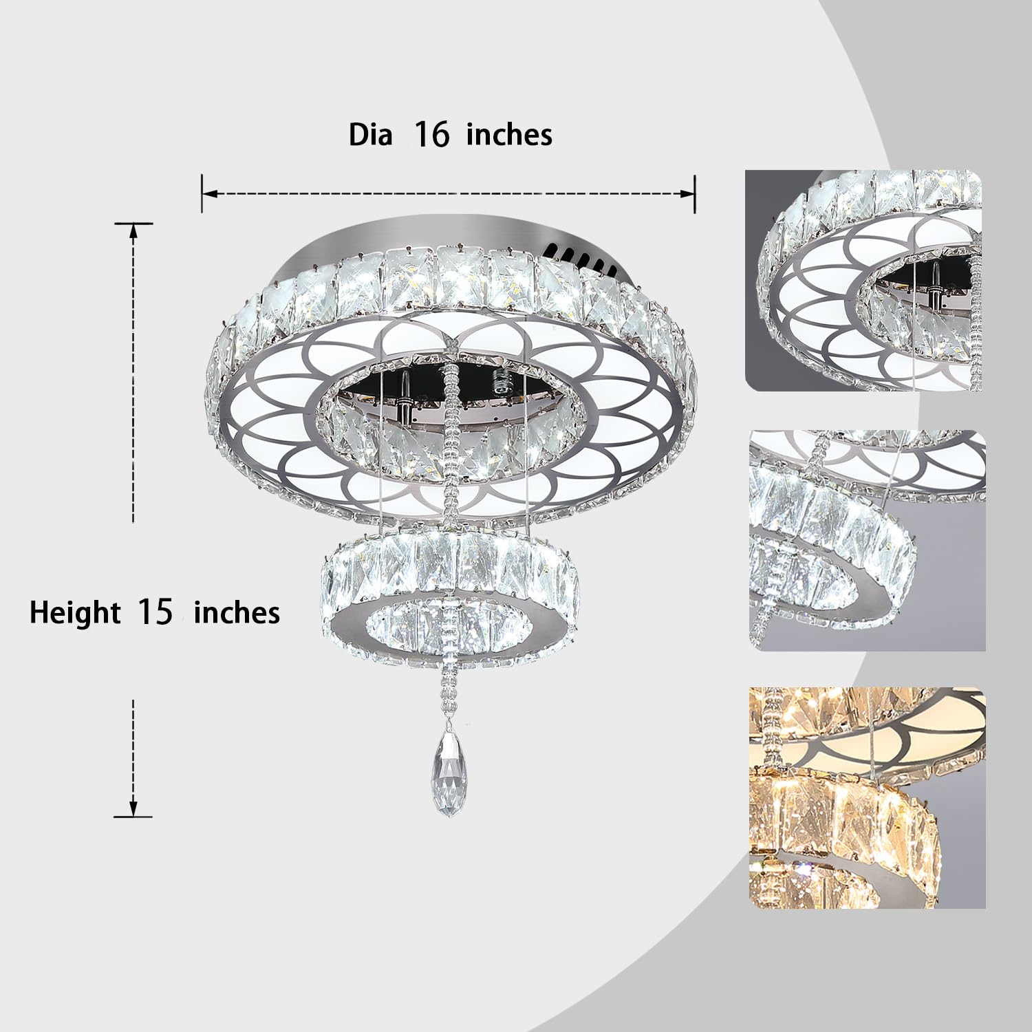 Flashing God 16" Crystal Chandelier, Silver LED Flush Mount Light, Dimmable 2700K/4500K/6000K for Living Room & Bedrooms, Model MMQ026