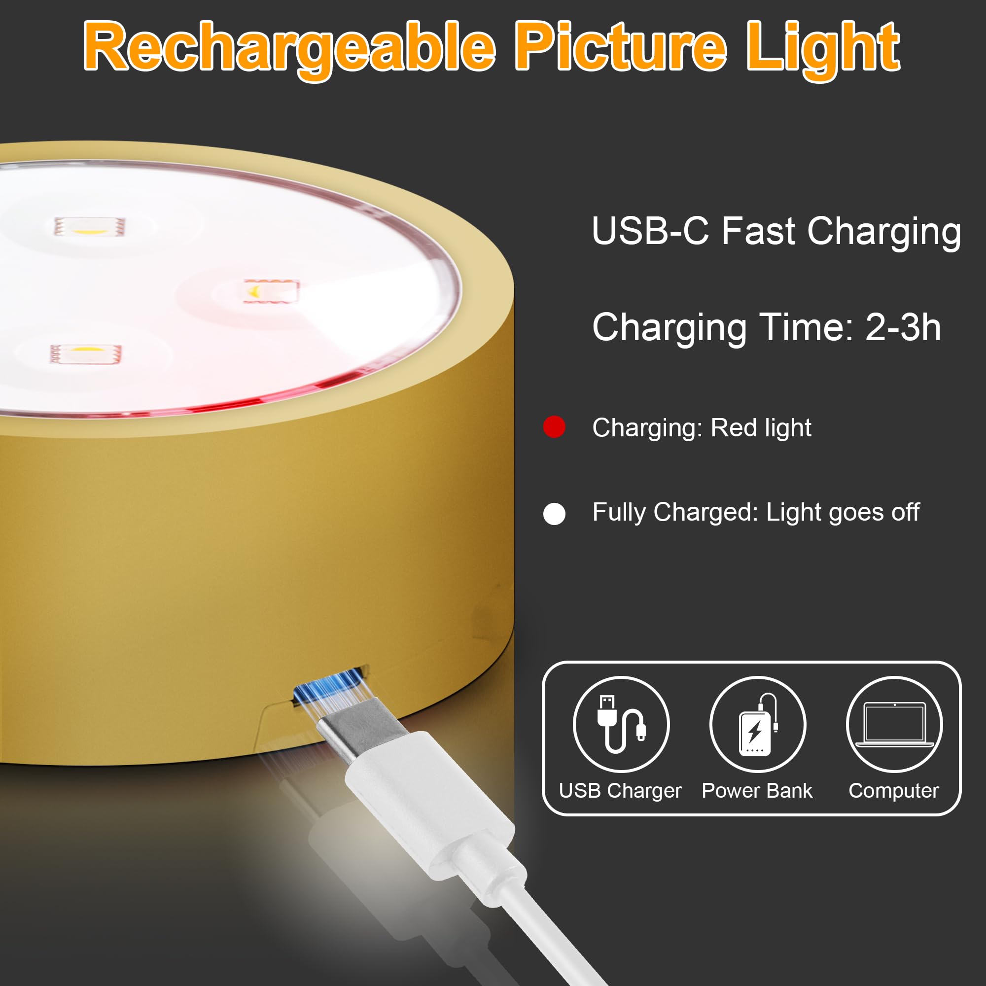 3-Pack Picture Lights For Wall, Rechargeable Battery Operated Led Painting Light With Remote Dimmable & Timer, 3 Lighting Modes