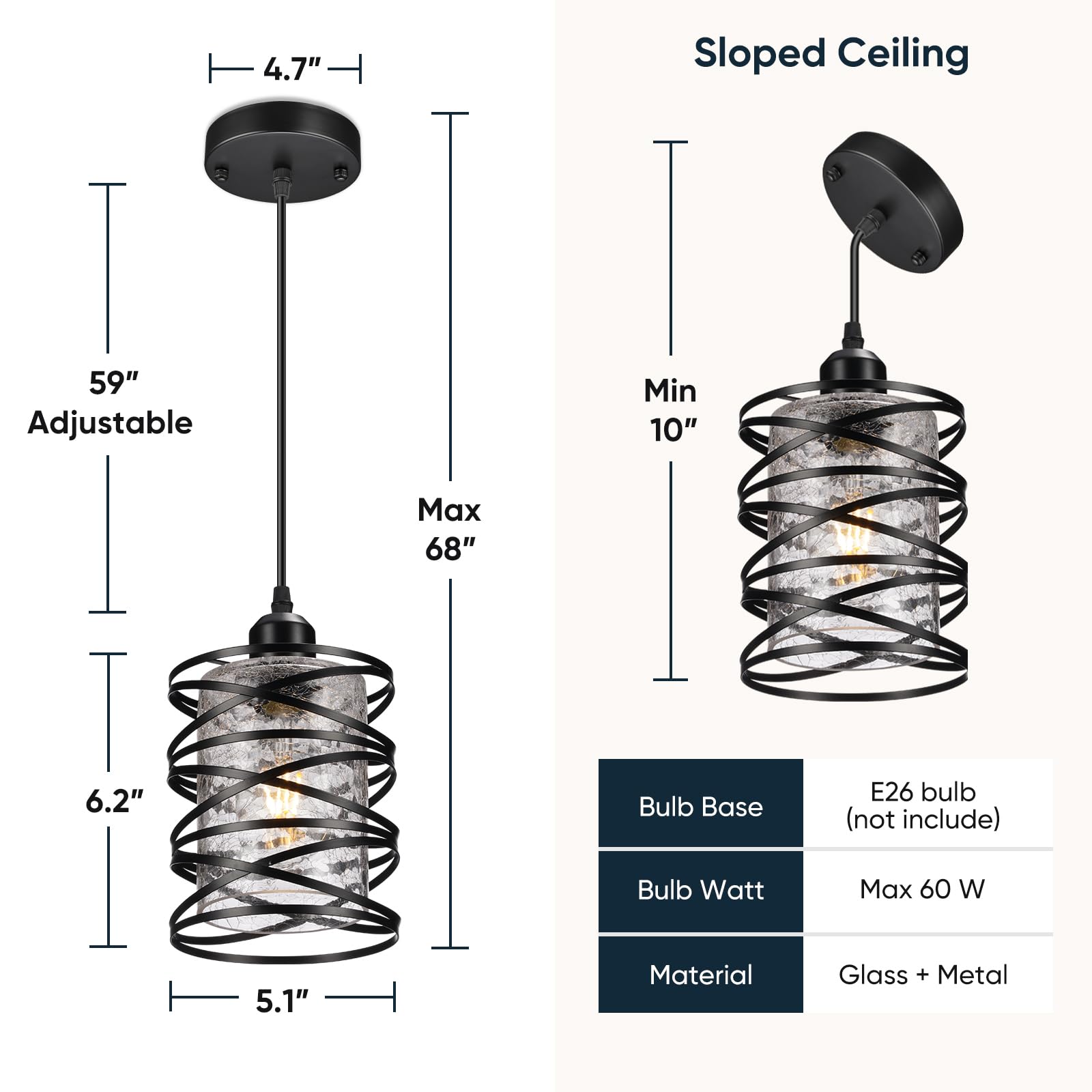 3 Pack Black Farmhouse Pendant Lights Kitchen Island Decor, Modern Crackle Glass Over Sink Pendant Light Fixture, Adjustable Bar Lights Hanging Light For Dining Room, Bedroom, Entryway, Porch, Hallway