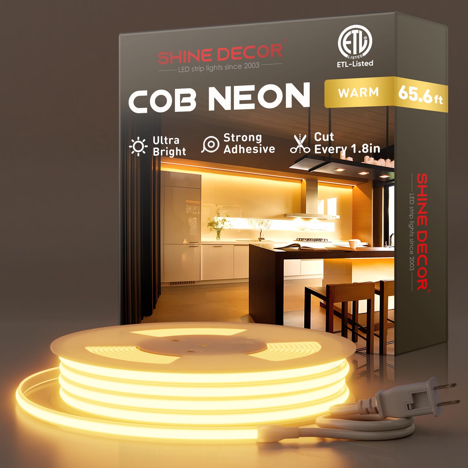 Shine Decor Cob Led Rope Light Ac 120V  800Lm Ultra Bright  Ip65 Waterproof Cold-Resistant Etl Neon Strip  No Driver Tape Lighting For Home Commercial 10X4.5Mm  2800K Warm White  65.6Ft