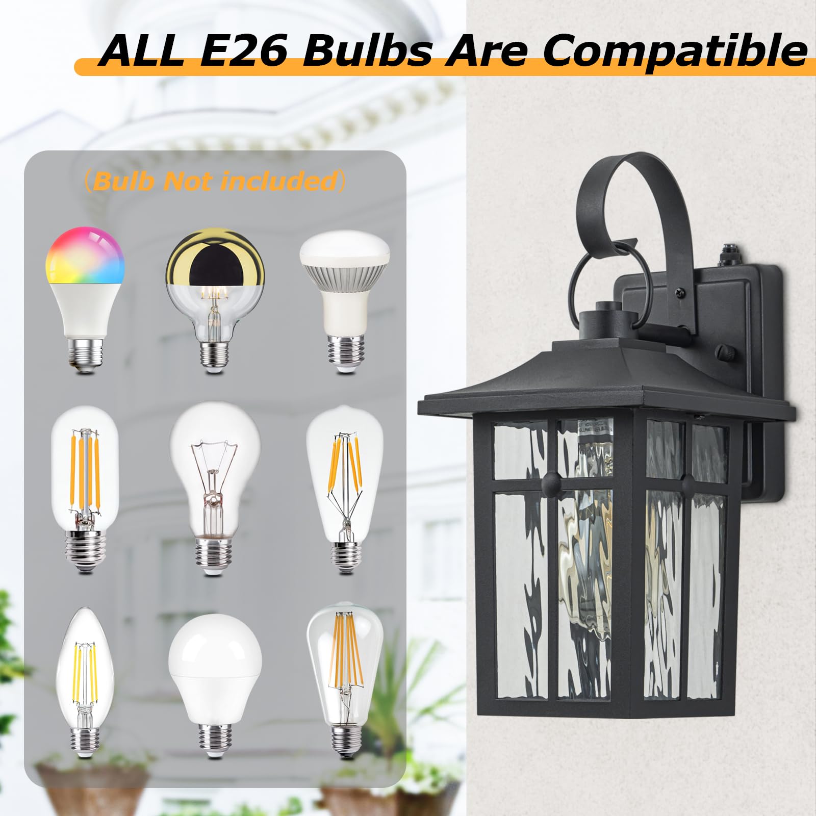 Lawyettle 2 Pack Dusk To Dawn Outdoor Wall Lights, Exterior Light Fixtures Wall Mount With Ripple Glass, Waterproof Black Porch Lights, Outside Wall Lantern For Entryway, Garage, Patio