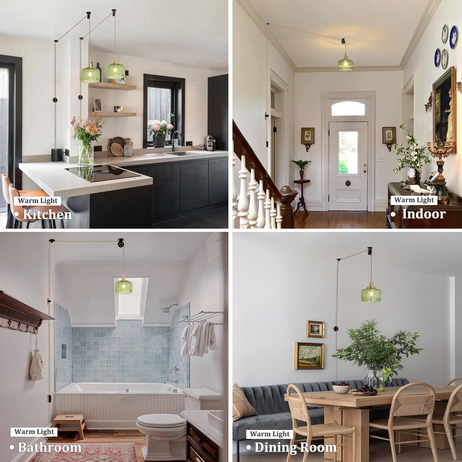 Shenmoyl Plug In Pendant Light Hanging Light Fixture Corded On/Off Switch Brass Pendant Light With Green Striped Glass Lampshade