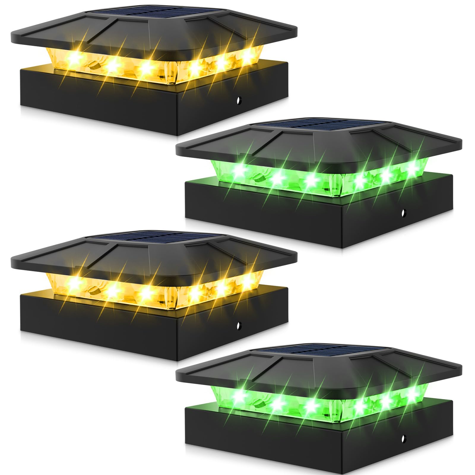 Peasur 4X4 Solar Post Lights Outdoor  4 Packs Green & Warm White Led Fence Caps Light Waterproof  Wood & Vinyl Post Top Lighting For Deck Mailbox Railing Porch Outside
