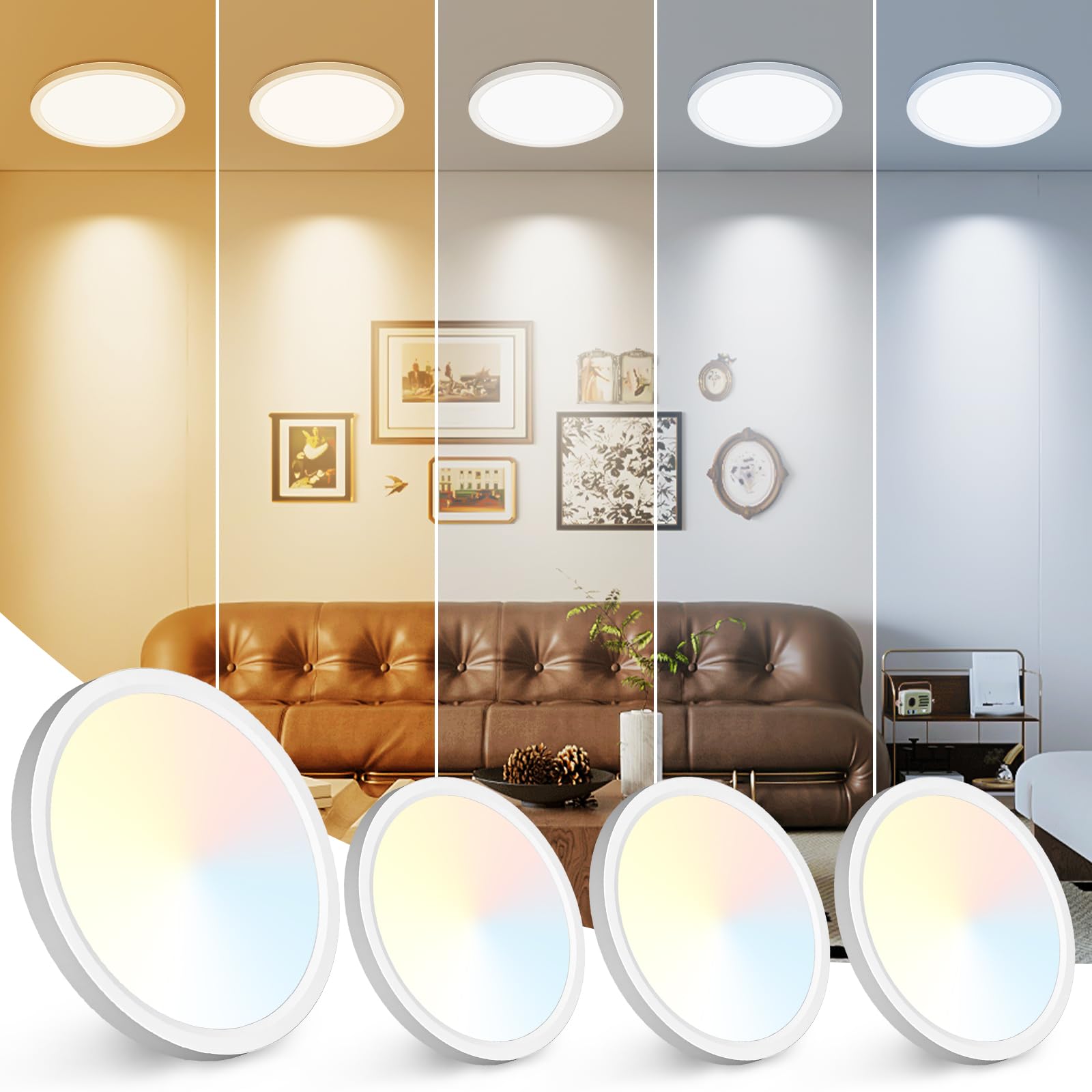 Peasur 7-Inch LED Ceiling Light Fixture, 3000K-6500K Adjustable, 1500LM, 15W, White, Model CL61A-4-WT