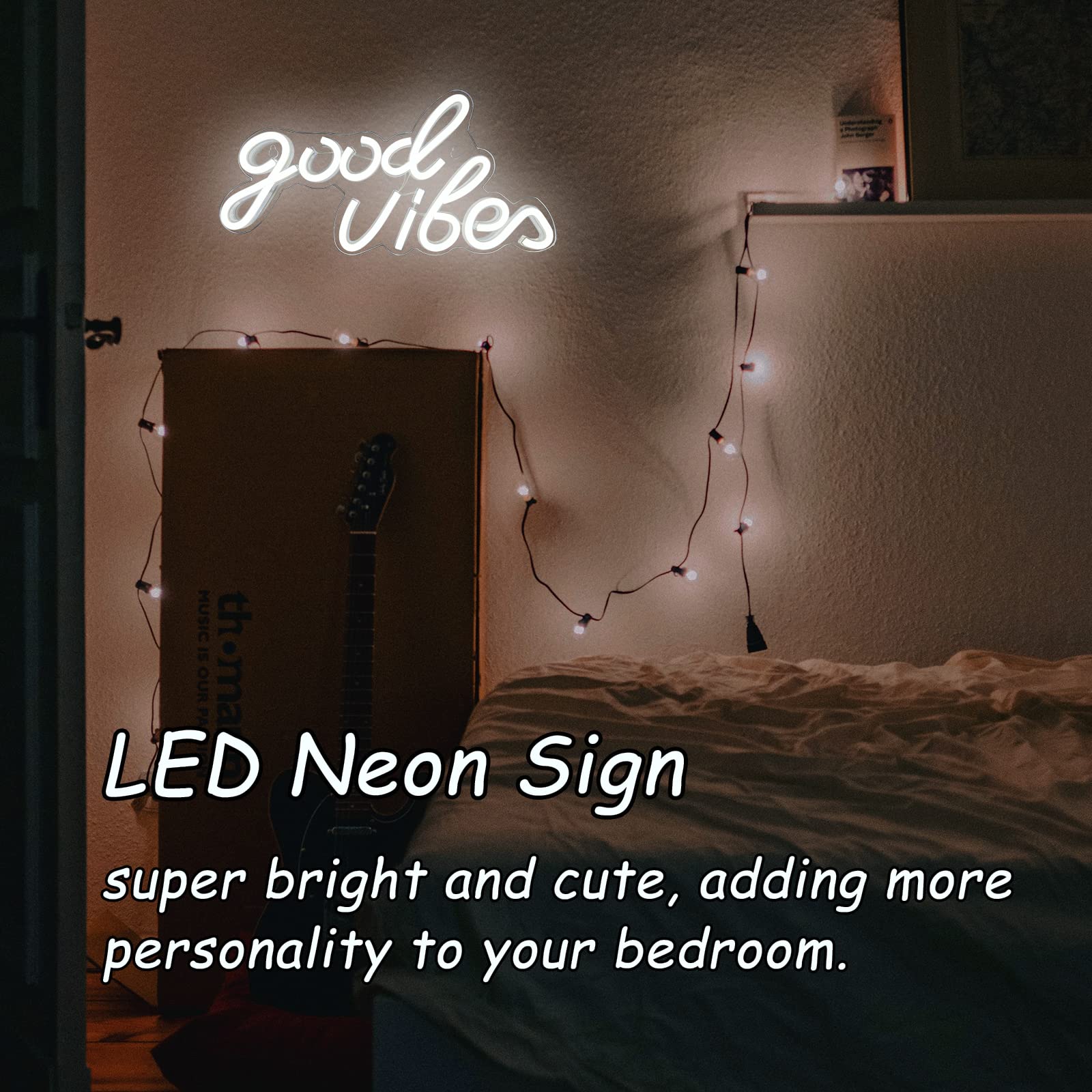 Bernicekelly Good Vibes Neon Sign - White Led Wall Decor For Bedroom & Party, Usb Powered