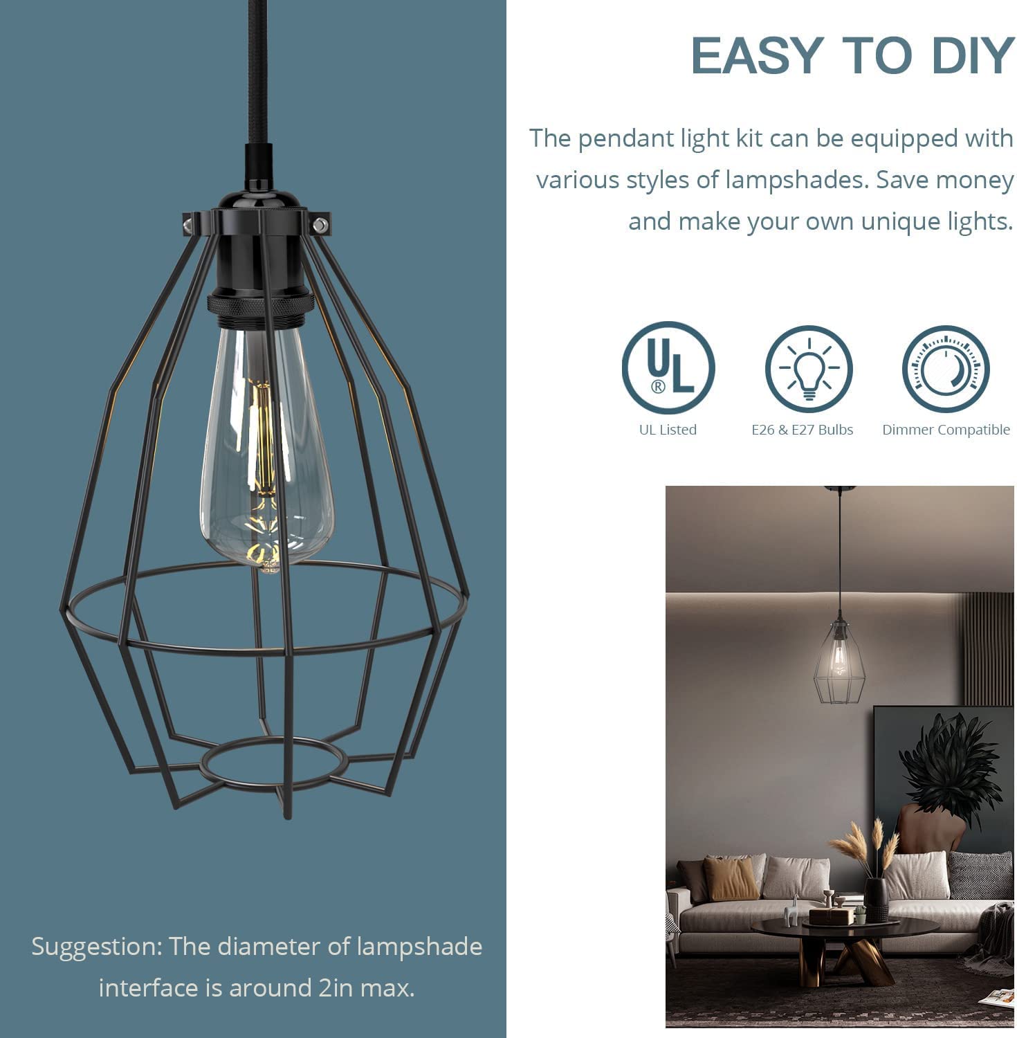 Jackyled 2 Pack Mini Pendant Light Kit Ul Vintage Socket E26 E27 Lampholder Black Woven Fabric Pendant Light Cord Adjustable Canopy Kit