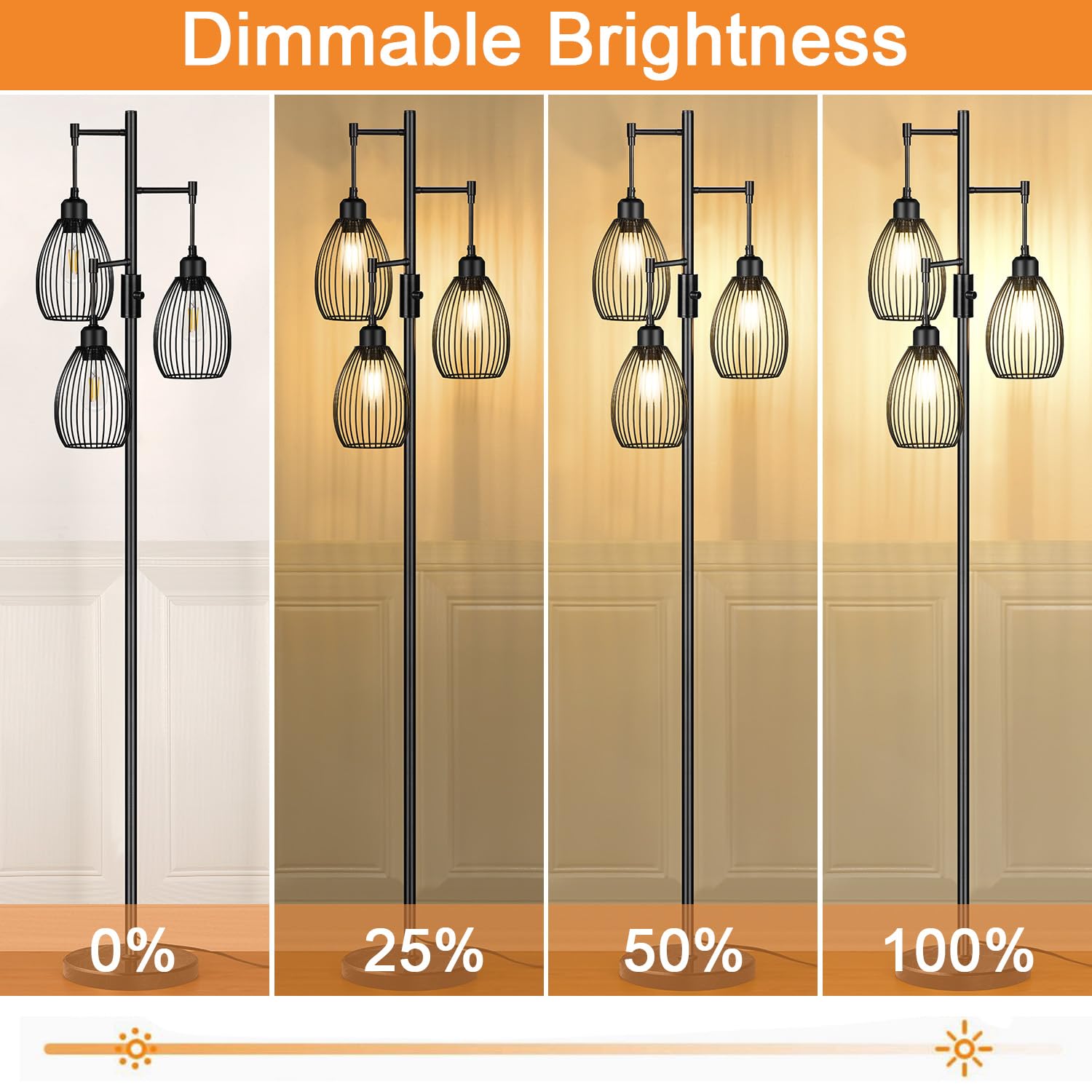 Torondo 70" Dimmable Floor Lamp, Industrial Black with Marble Base, 3 LED Edison Bulbs Included, Model FL1910