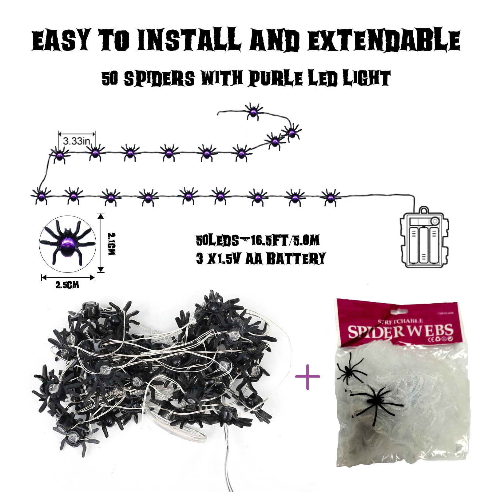 Spider String Lights for Halloween Decoration, 16.5Ft Copper Wire String Lights with 50LED Purple Lights and Little Black Spider