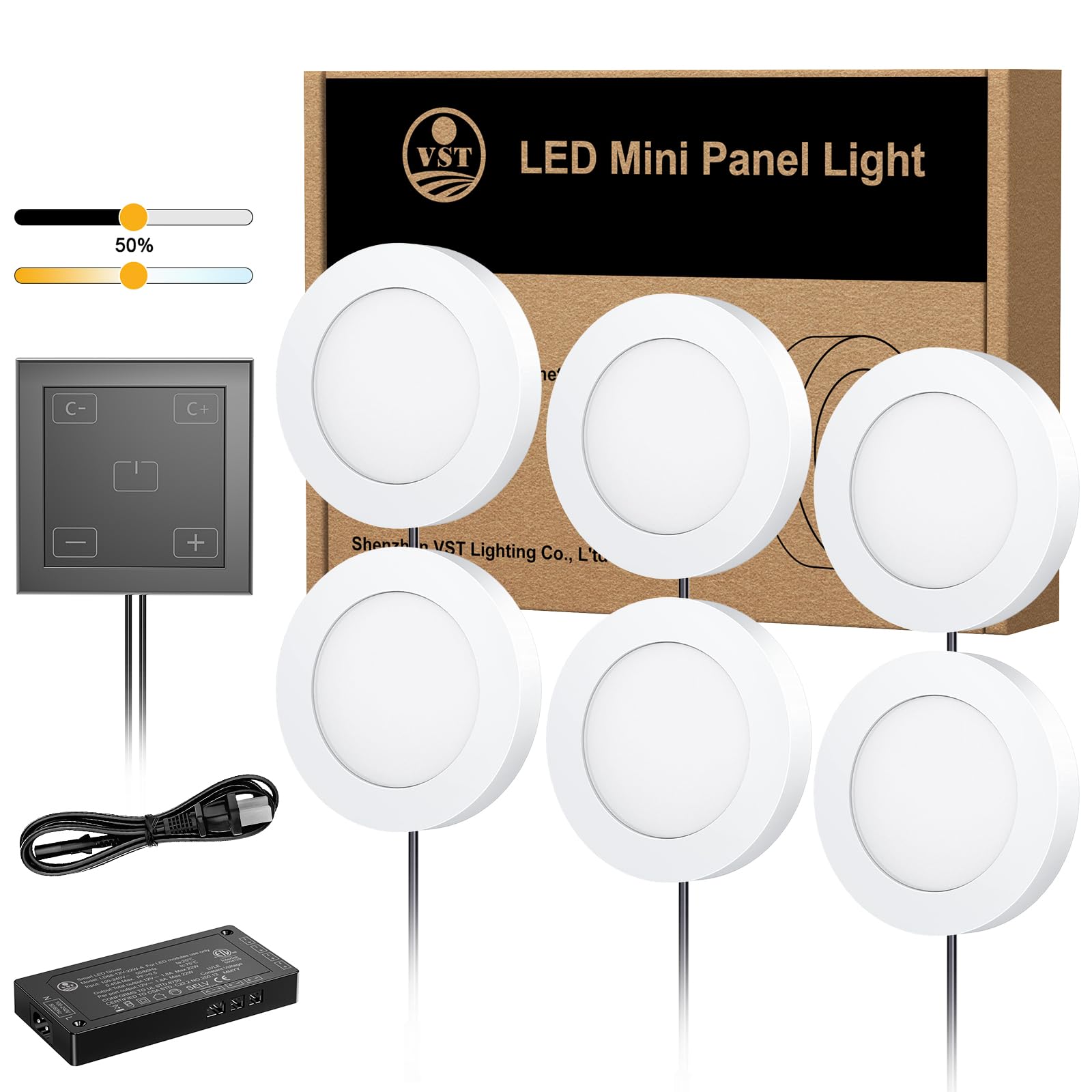 VST Puck Lights, Adjustable CCT 3000K-6000K, Touch Switch, ETL Listed, Wired-6pack, White Plastic