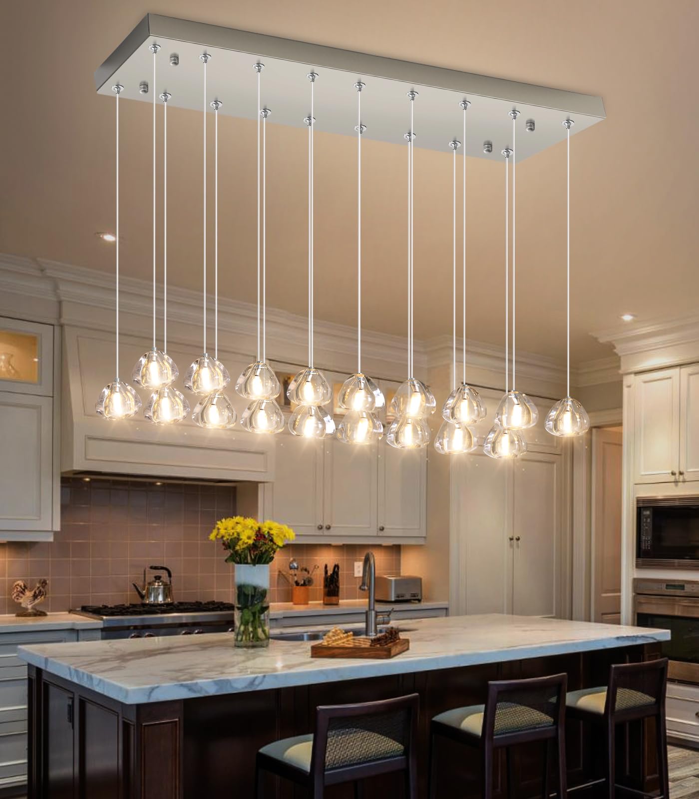 HAIXIANG Rectangular Chandelier, 18 Lights, Dimmable Bubble Crystal, Brushed Nickel, Model MMQ9025, High Ceiling Pendant Light