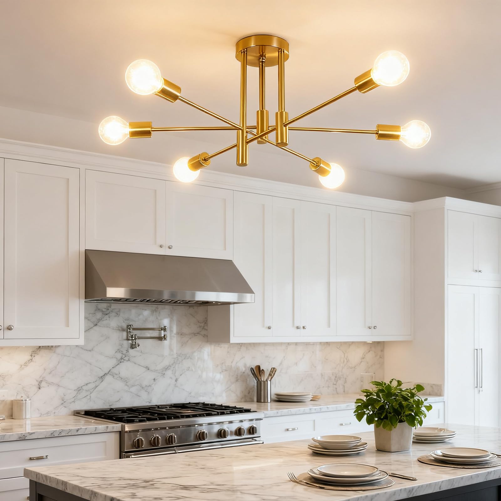 Tealight Gold Sputnik Ceiling Light Fixture  Industrial Lighting Fixture Semi Flush Mount Ceiling Chandelier For Bedroom  Living Room  Kitchen  Dining Room  Hallway (6-Lights Gold)