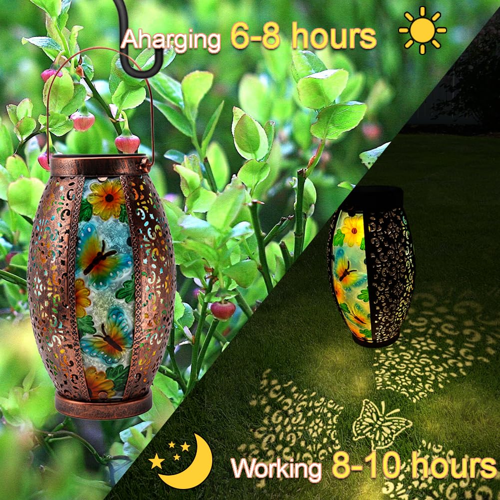 OUISJYER Solar Lantern - Outdoor Waterproof Glass & Metal, Large Hanging Tabletop Lamp, Butterfly Design, 2 Pack