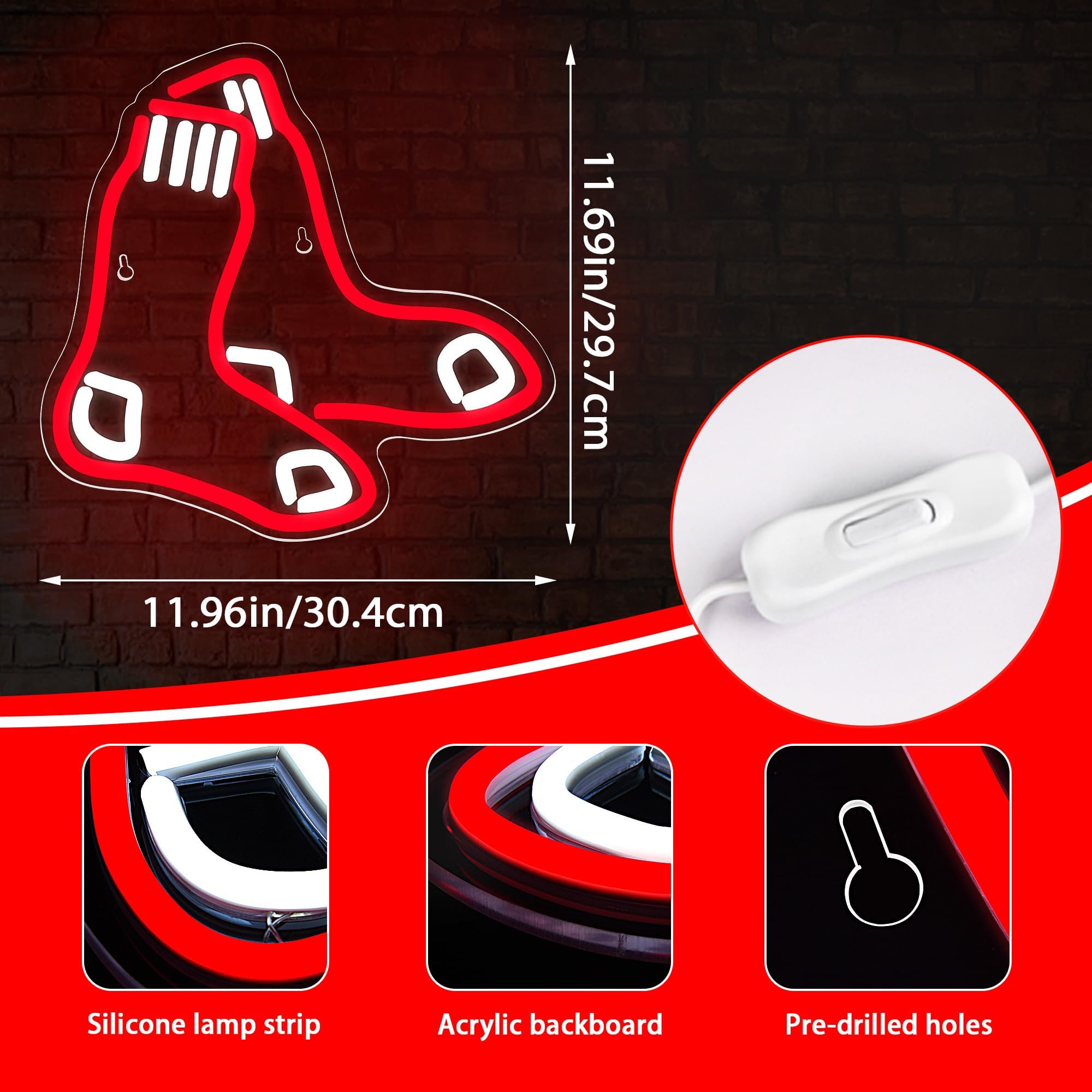 FTMGGDG Baseball Neon Sign LED Light for Wall Decor, 12x11.7in, Red Sox-Red & White, Model FMXD700, Ideal for Boys Room, Club, Bar
