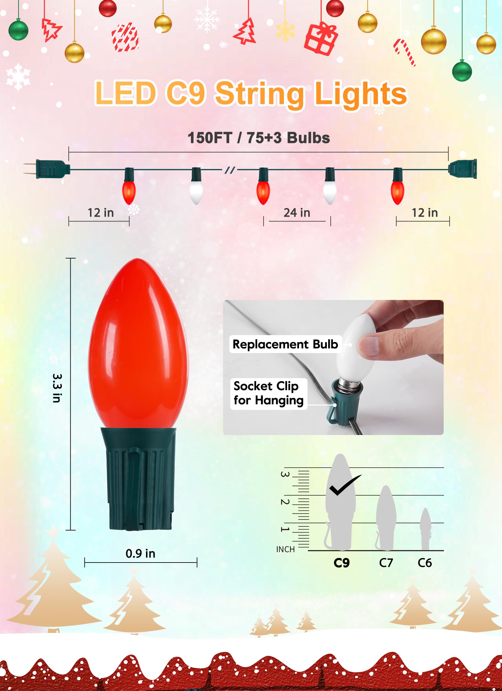 Vintage C9 Led Christmas Lights Outdoor  150 Feet C9 String Lights With 75 Shatterproof C9 Bulbs  Waterproof Connectable Christmas Tree Lights For Outside Roofline Patio Xmas Decor  Red & Pure White