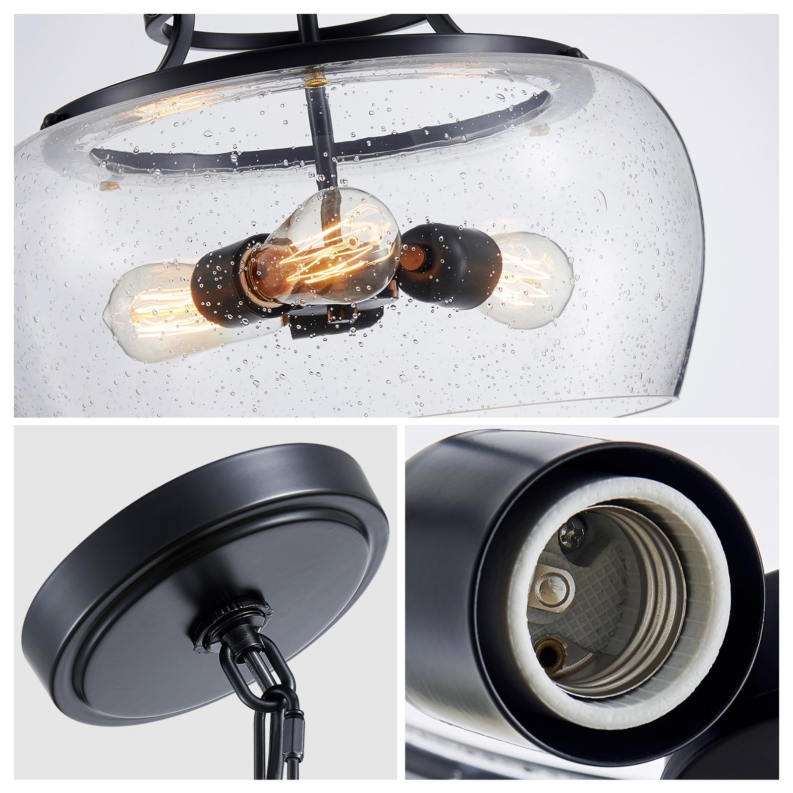 Wuzups Rustic Industrial Chandelier Pendant Light, 3-Light, Clear Seeded Glass, Black, 20.9&quot; H