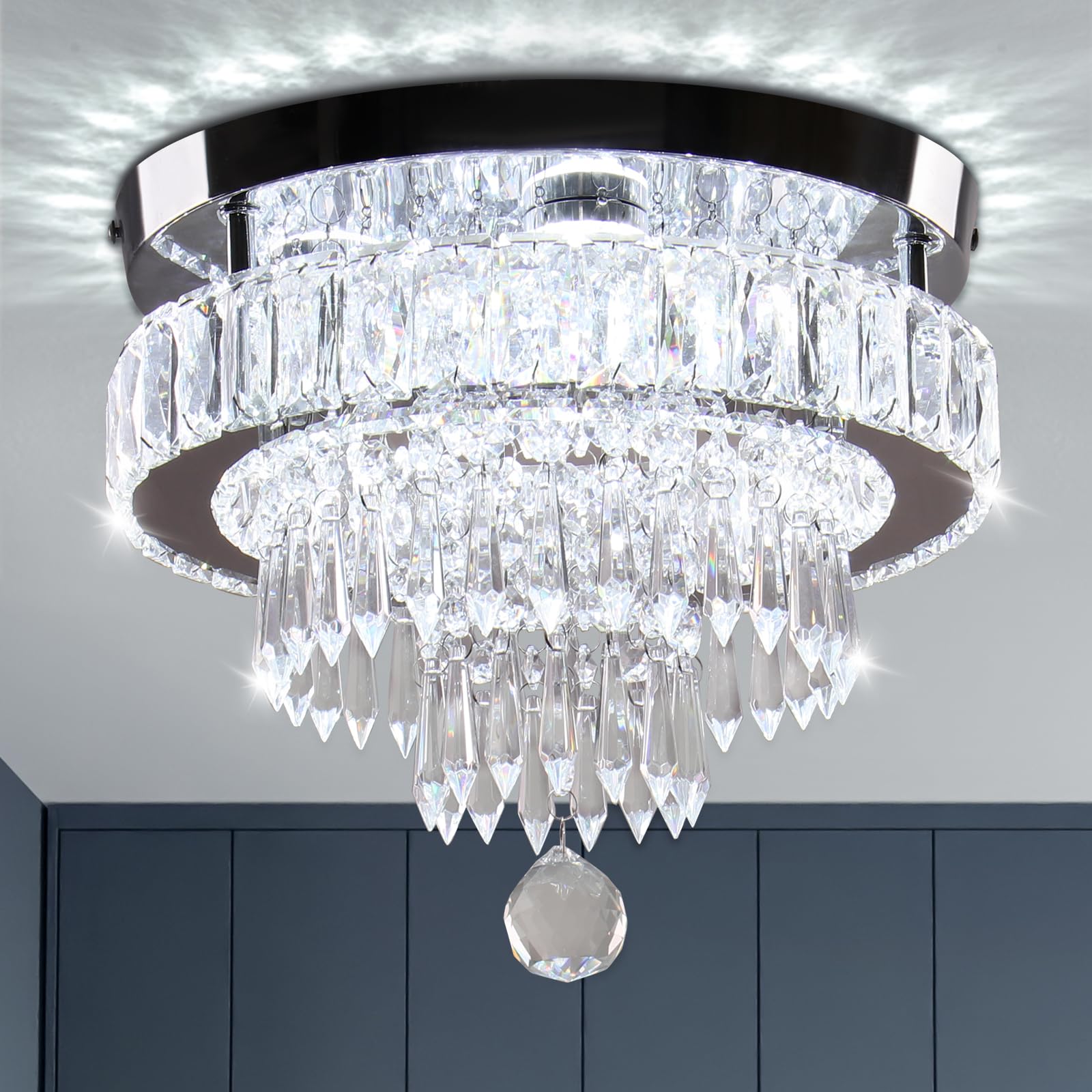 LEONTYNE 11.8 inch Crystal Chandeliers Modern Crystal Ceiling Light LED Chandeliers Semi Flush Mount Chandelier Light for Bedroo