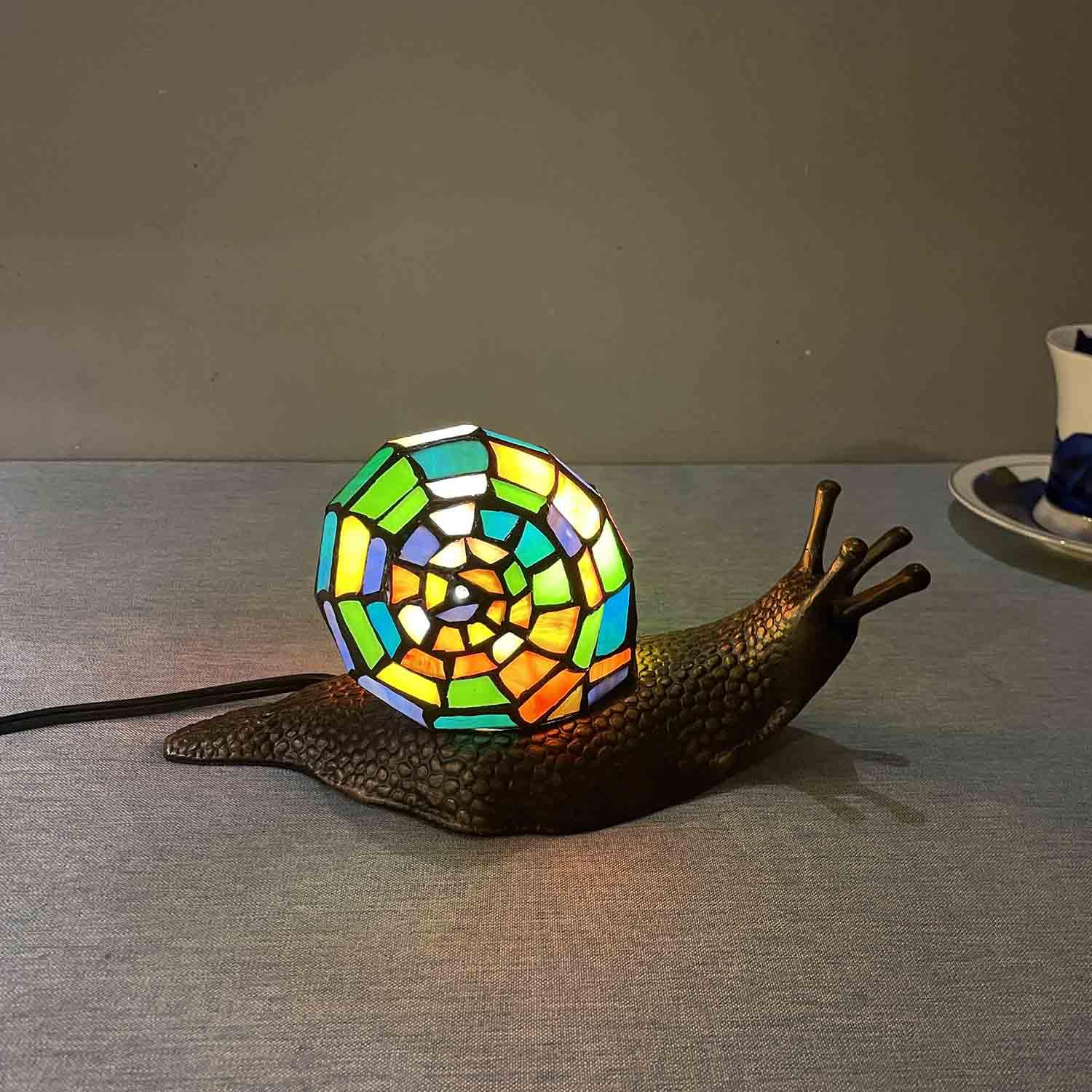 Bieye L13003 Land Snail Tiffany Style Stained Glass Accent Table Lamp For Home Decoration (Multicolor, 10'' D X 5'' W X 5'' H)