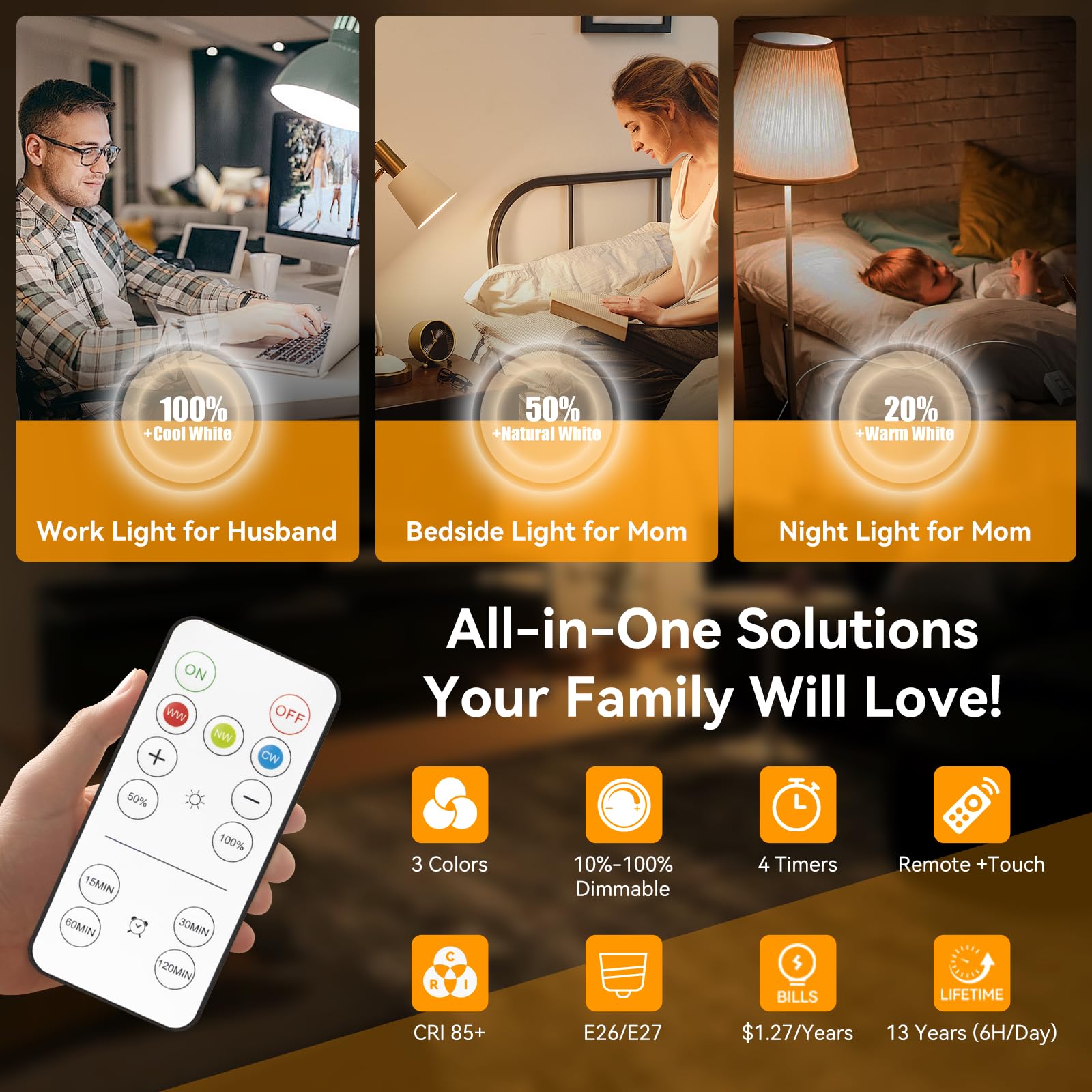 Neporal MAGICPRO 9W USB Rechargeable Light Bulbs, 800LM, 3 Colors, Dimmable, 4-Pack, E26, Fast Charge, Long Battery Life