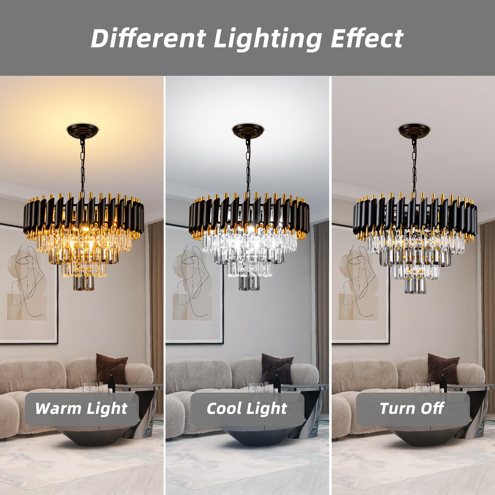 Aixialin 7-Light Modern Crystal Chandelier, 20" Round, Smoke Grey and Gold, Flush Mount, Ideal for Dining Room, Living Room, Kitchen