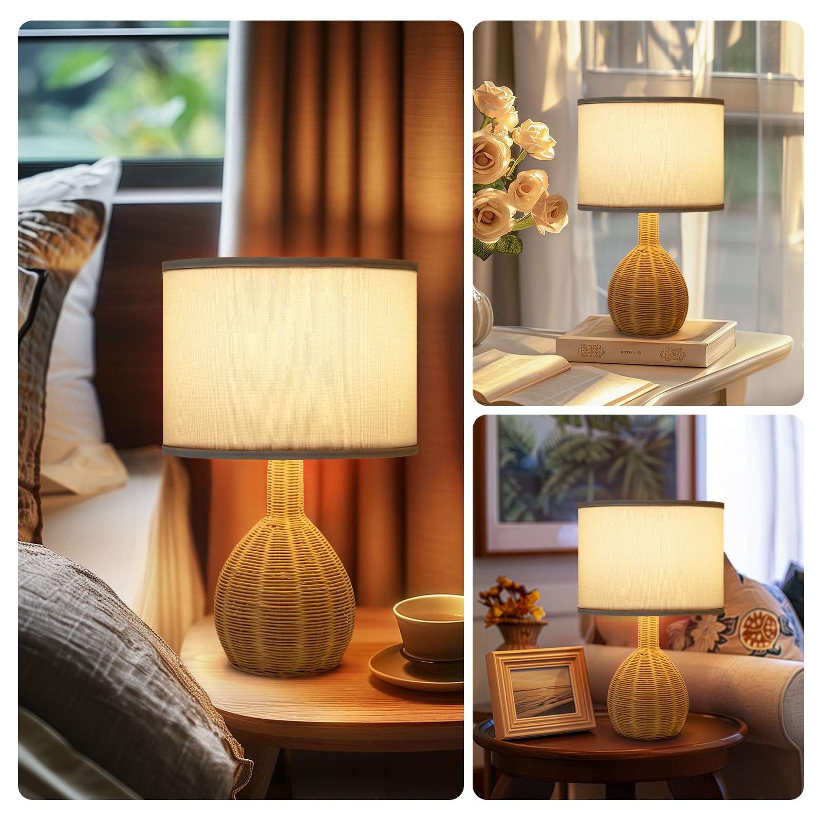 Velxee Rattan Table Lamp Set Of 2 - Natural Woven Design, 15W Led Bulb Included, Modern Boho Style Nightstand Lamps For Bedroom,