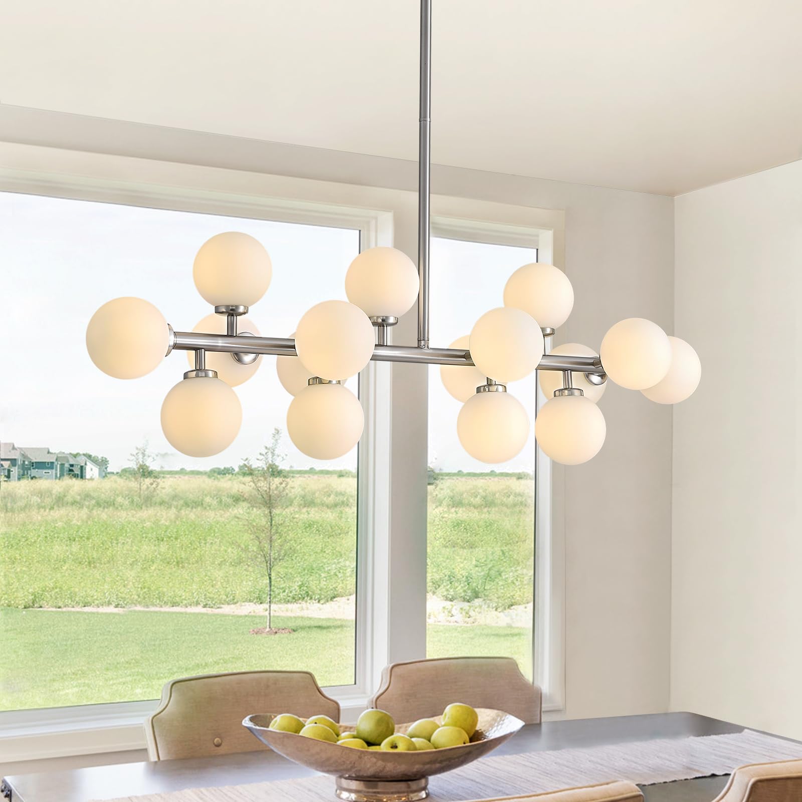 Apbeamlighting Glass Globe Sputnik Chandelier 16 Lights Linear Chandelier Brushed Nickel And Milky White Mid Century Modern Pend