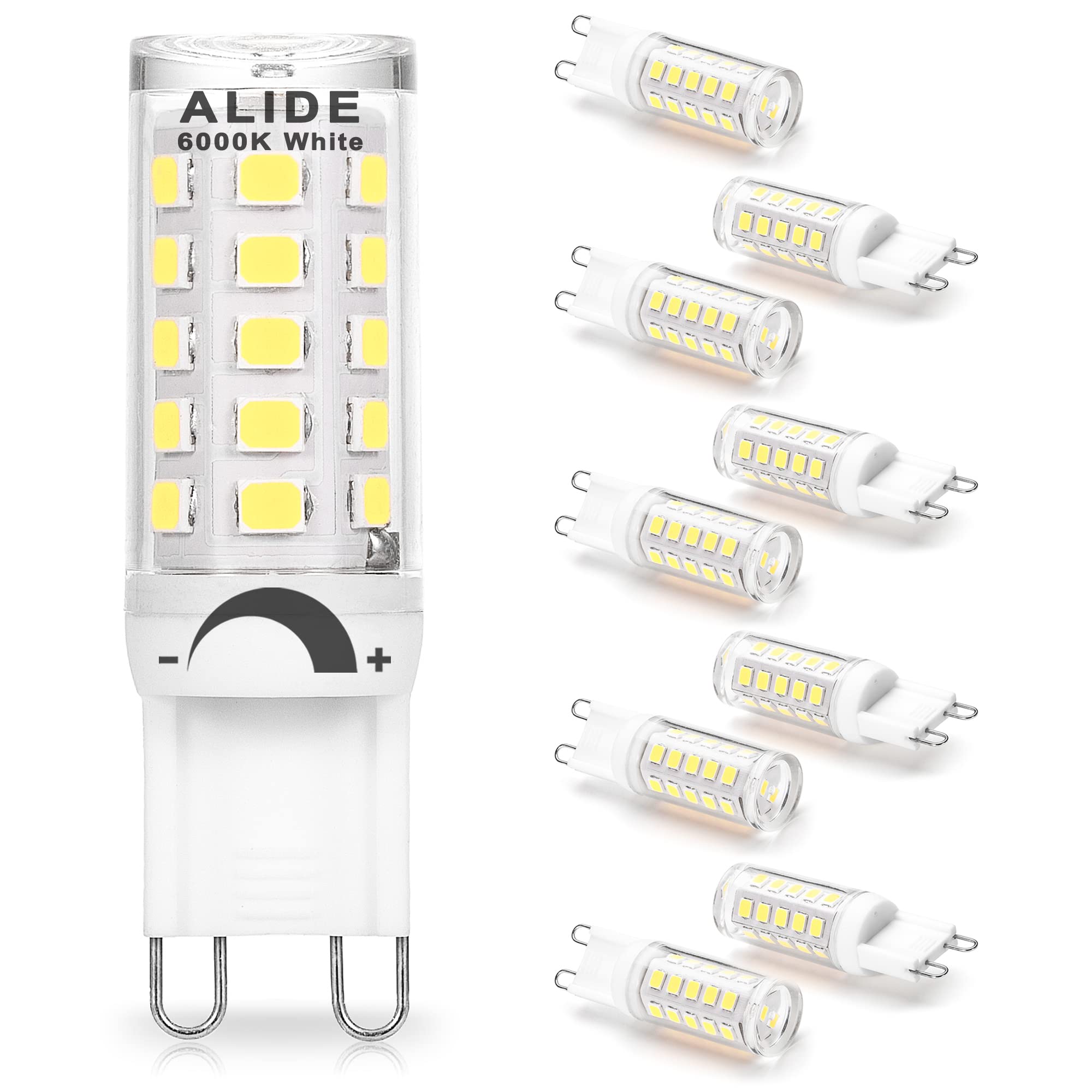ALIDE G9 LED Bulbs 3W Dimmable 6000K Daylight White 10 Pack, Clear Plastic, 300LM, 360 Degree for Chandelier and Home Lighting