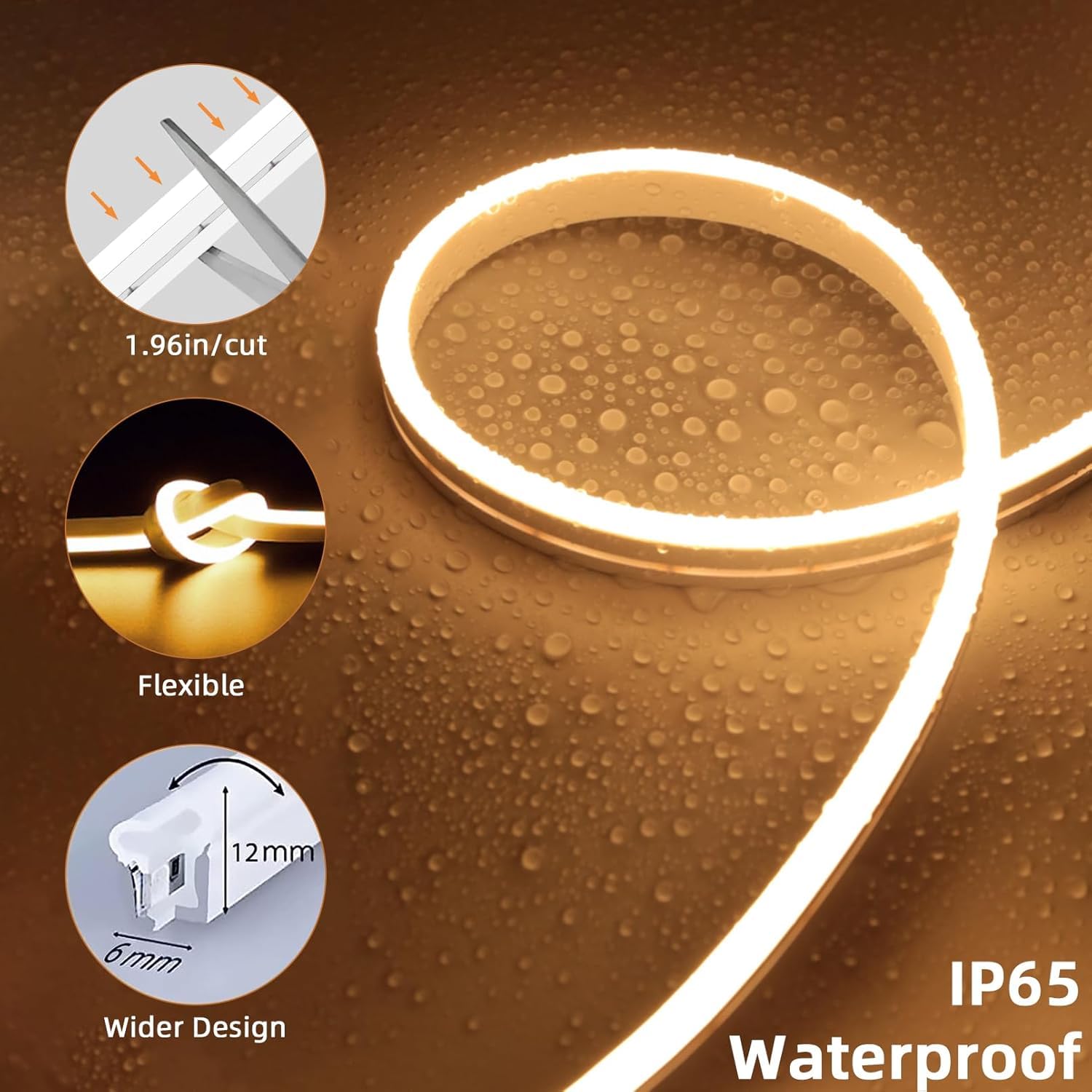 Lamomo Outdoor Neon Rope Lights, 49.2Ft Warm White Ip65 Waterproof Dimmable Led Strip Lights, 24V 3000K Silicone 1800 Leds Neon