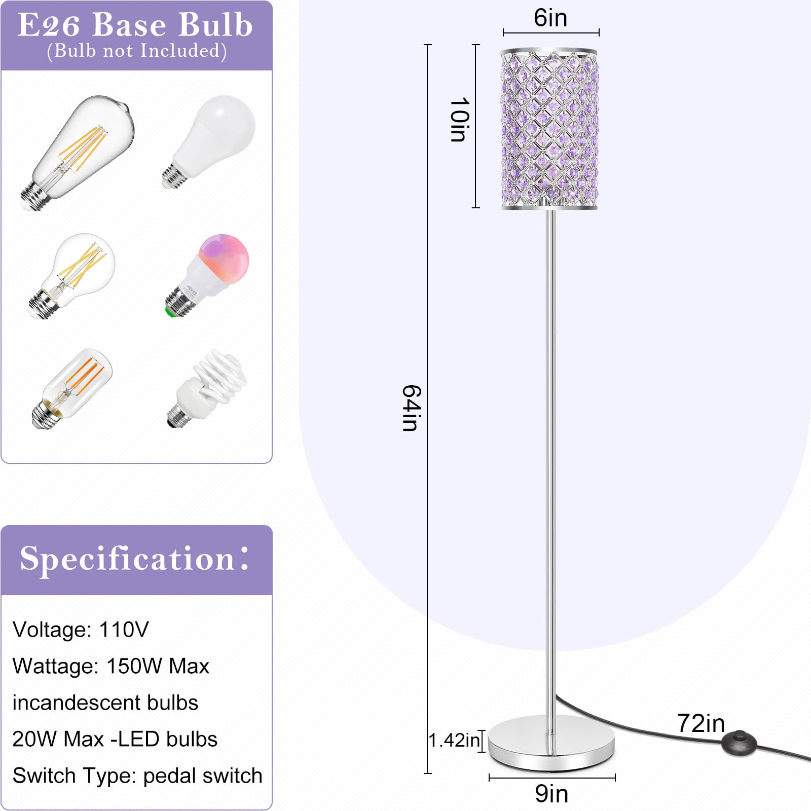Floor Lamp For Bedroom, Lavender Crystal Floor Lamp With Glam Shade, Elegant Standing Lamp With On/Off Foot Switch & Silver Base