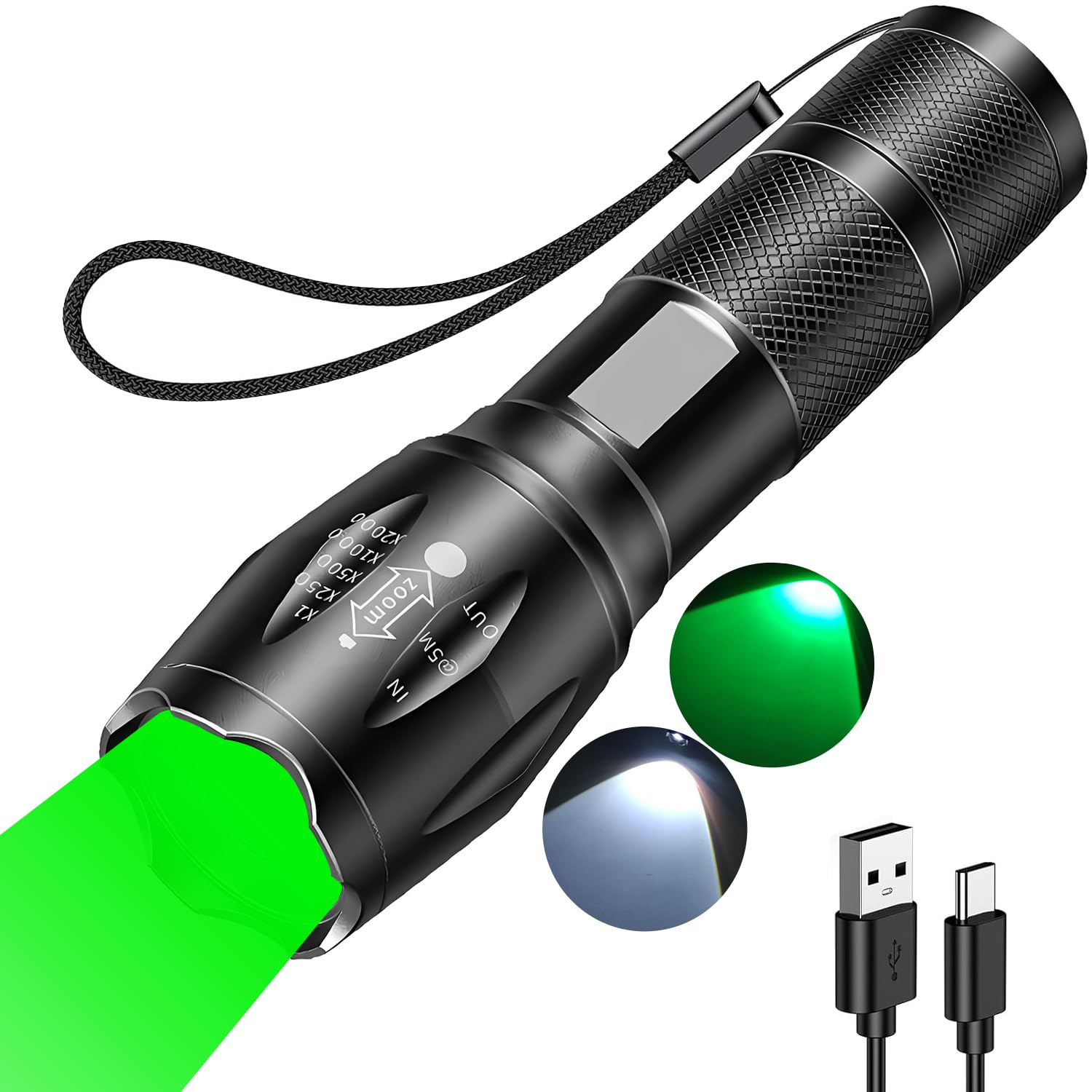 MVIOCS Rechargeable Green Light Flashlight with Green and White LED Combo, 2000 Lumens Super Bright LED Small Powerful Zoomable 