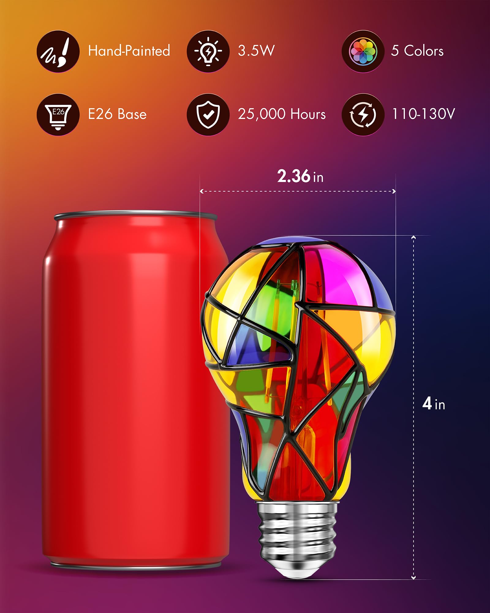 Eternyx LED Stained Glass Light Bulb, 3.5W E26 A19 Decorative Bulbs, Hand-discomfort-reducingted, 4 Pcs, Ideal for Home, Party, Garden,