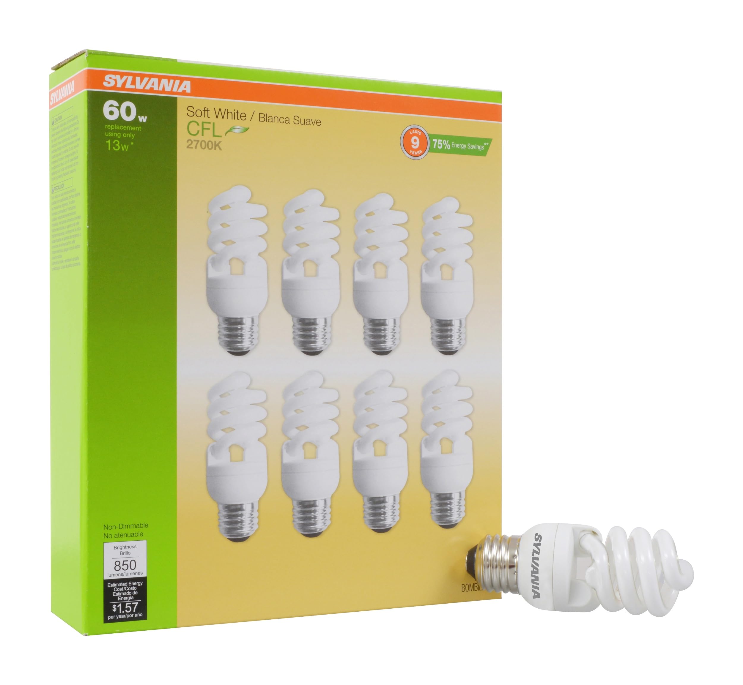LEDVANCE Sylvania CFL T2 Twist Light Bulb 60W Equivalent 13W 850 Lumens 8 Count Soft White Model SY26361
