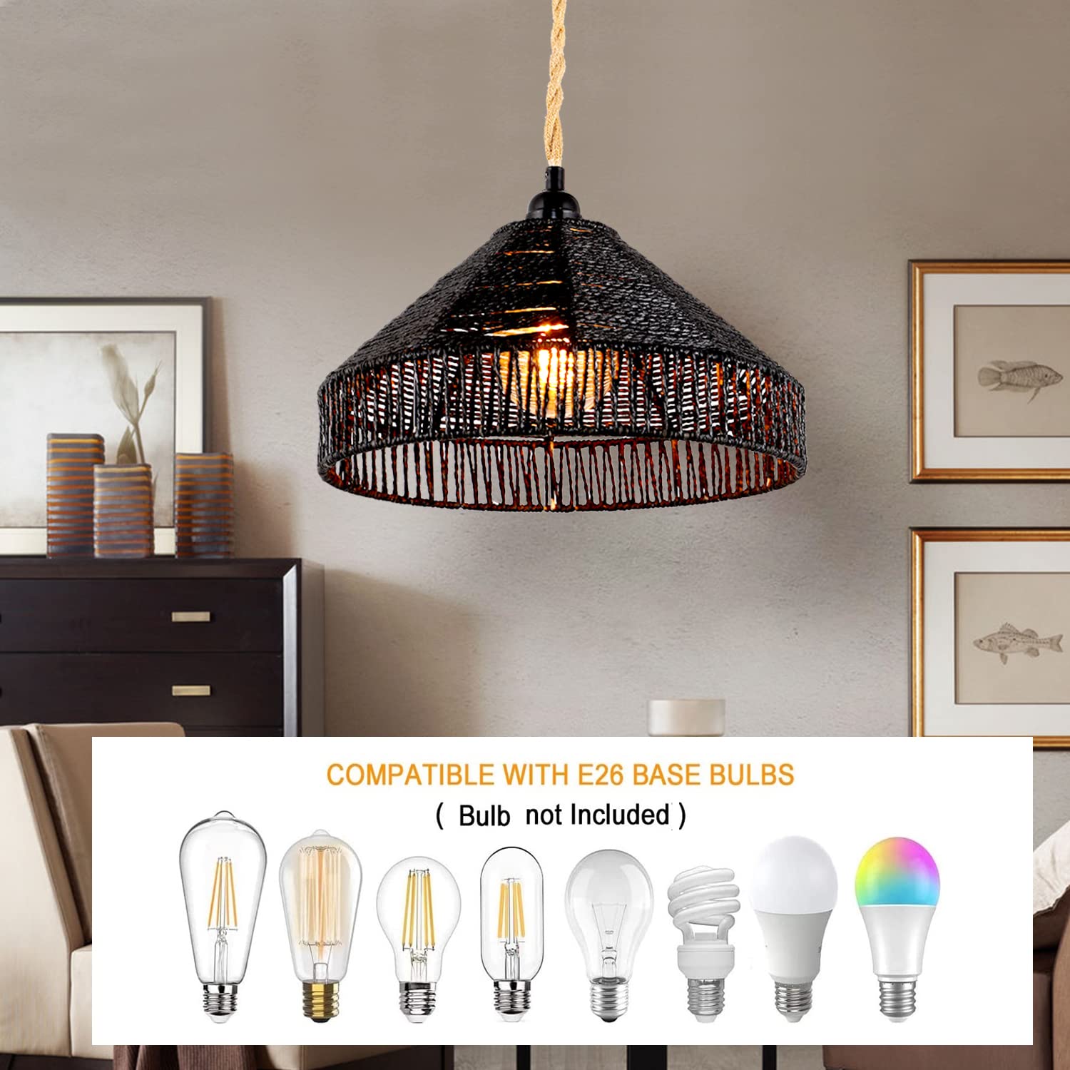Plug In Pendant Light Rattan Hanging Lamp With On/Off Switch 15 Ft Hemp Rope Modern Woven Pendant Light Fixtures 12" Handwoven Rattan Basket Shade Boho