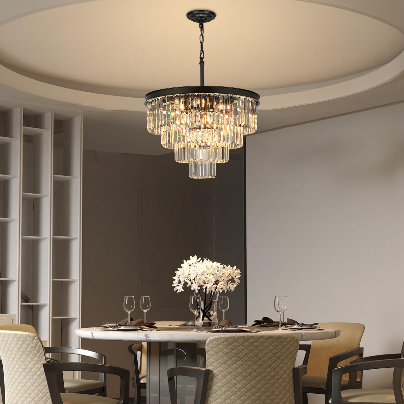 Weesalife Crystal Chandeliers - 15 Lights Black Modern Fixture, 24" Round Lighting for Dining Room, Living Room, Bedroom, Kitchen